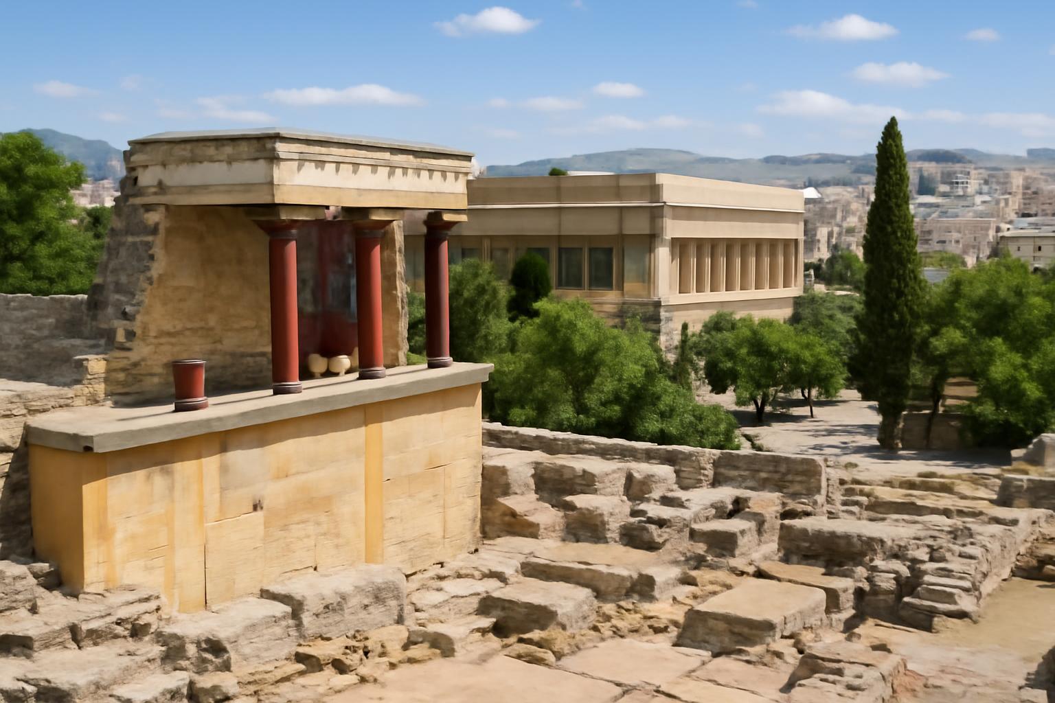 A Knósszoszi palota romjai Heraklionban, zöld fák és múzeumok környezetében.