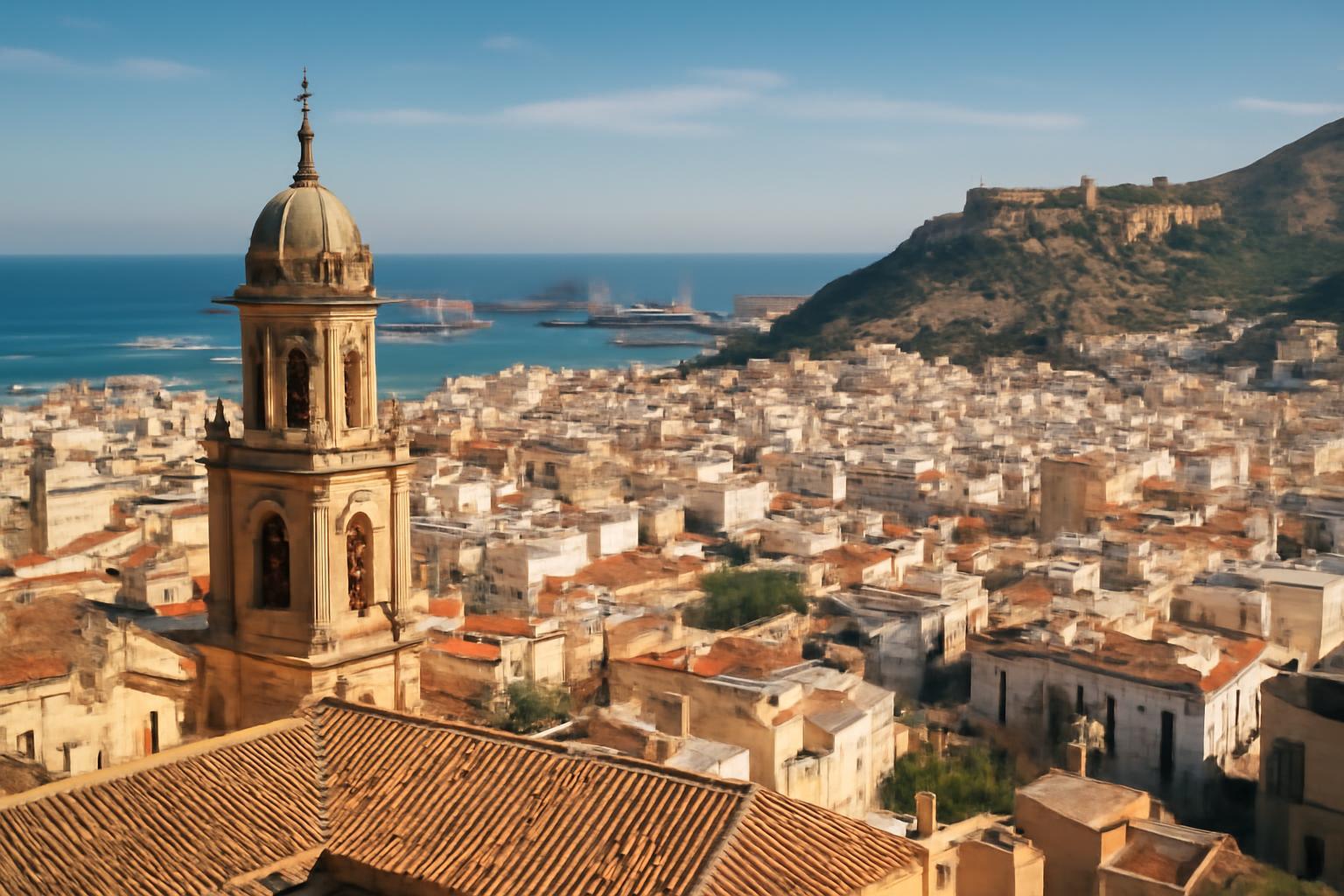 Almería városának panorámája, a tenger és a hegyek láthatók a háttérben.