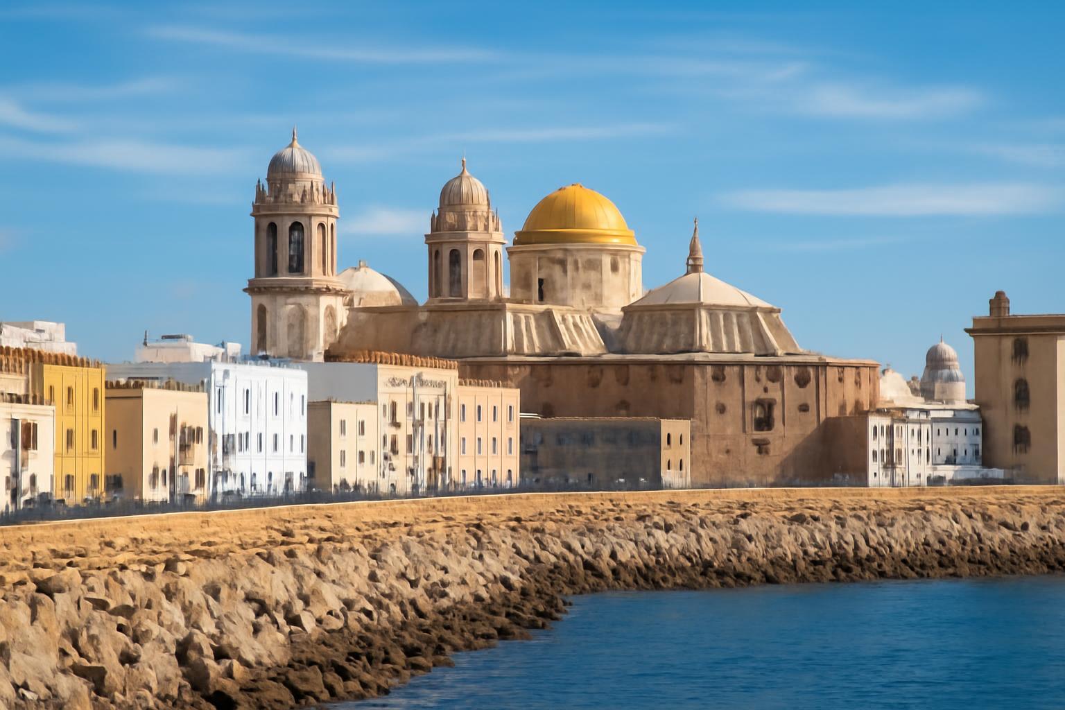 Cádiz városának tengerparti látképe, a híres katedrális arany kupolájával.