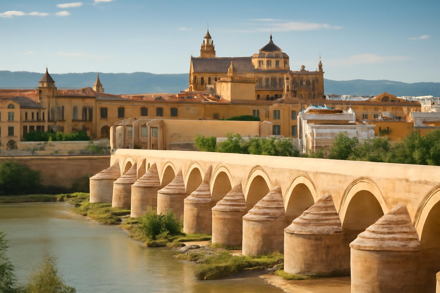 A Córdoba híres hídja, a Mezquita háttérben, gyönyörű andalúz tájjal.