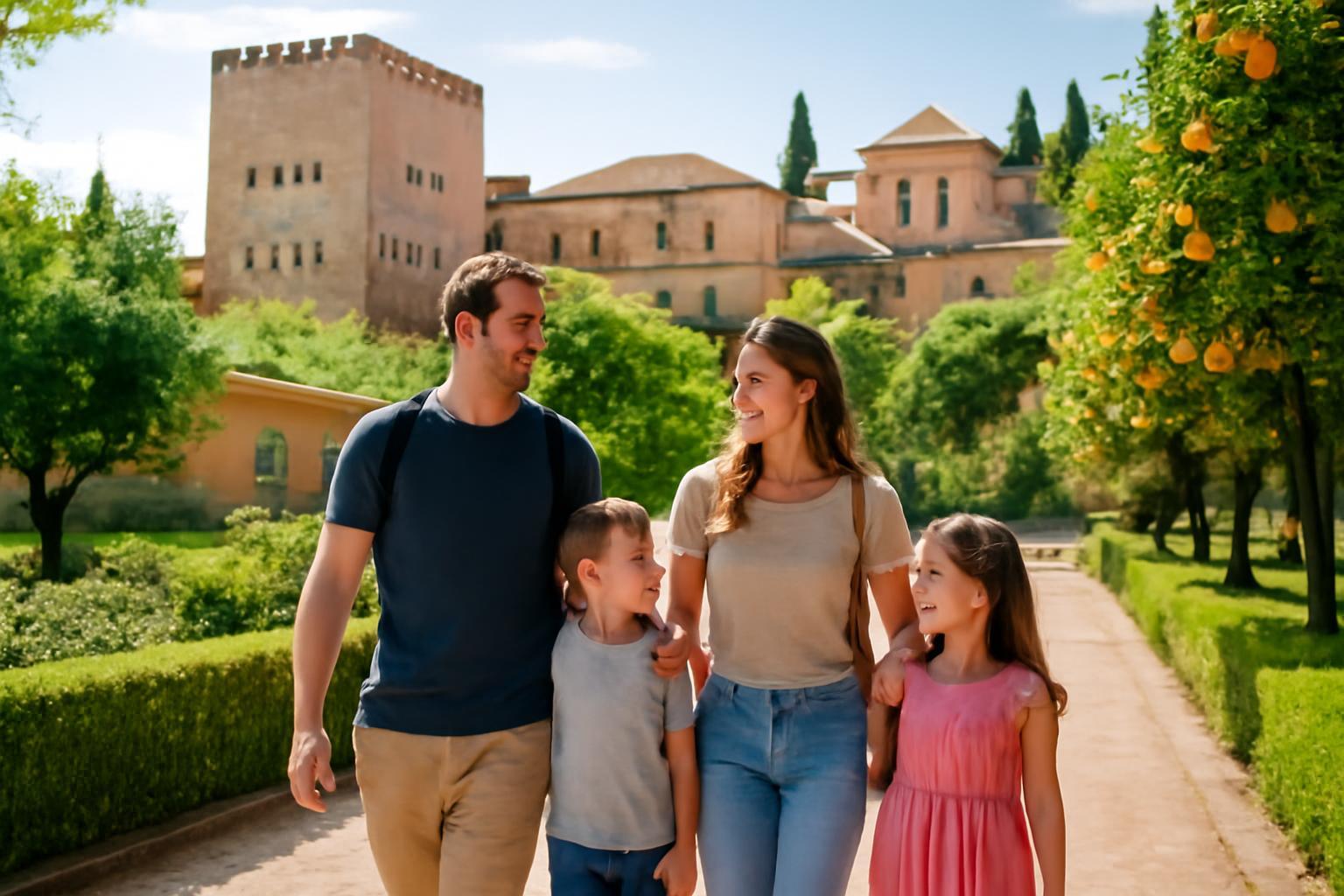 Család sétál a zöldellő parkban, háttérben az Alhambra épületei.