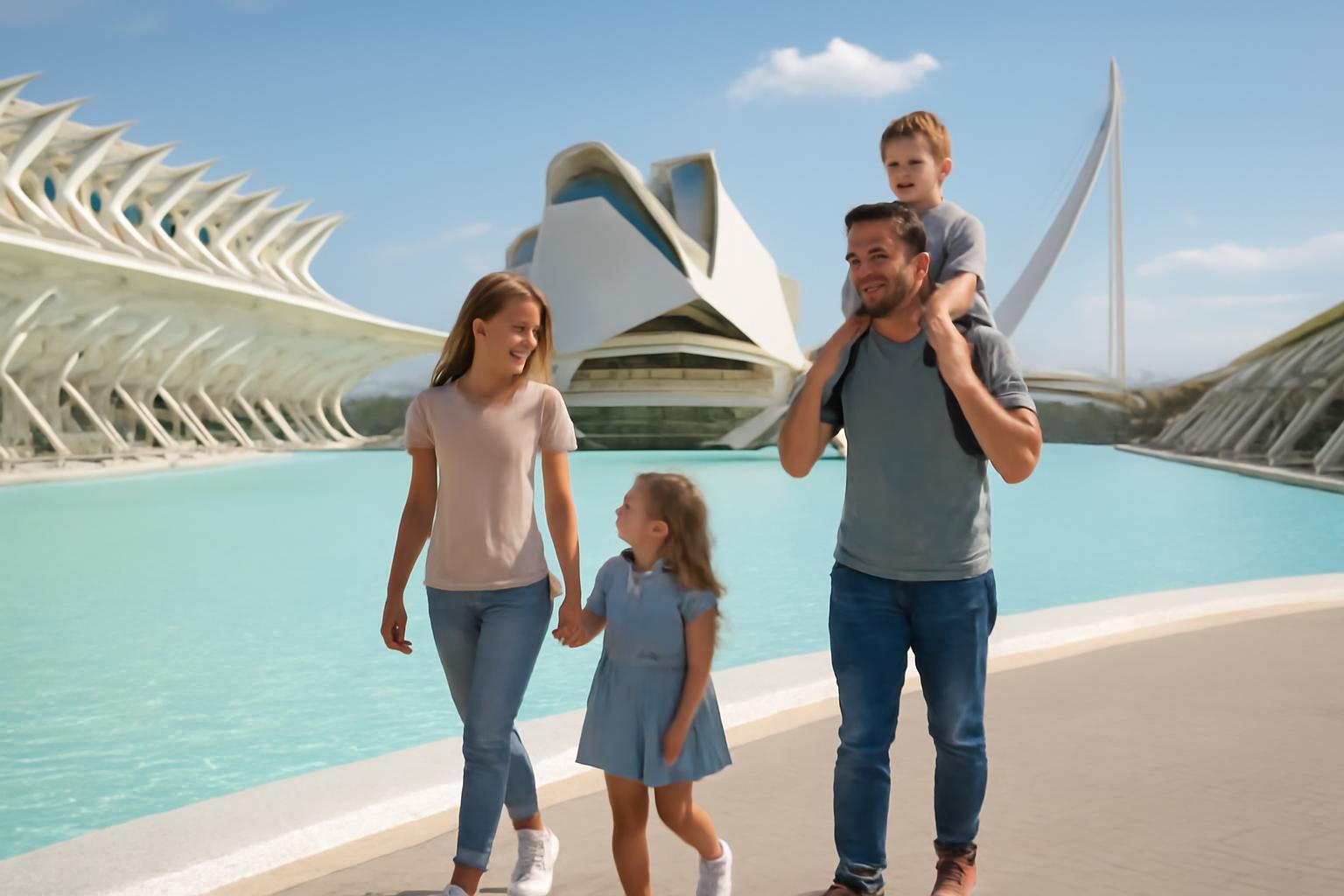 Család sétál a Tudományok Városában, Valencia modern épületei között.