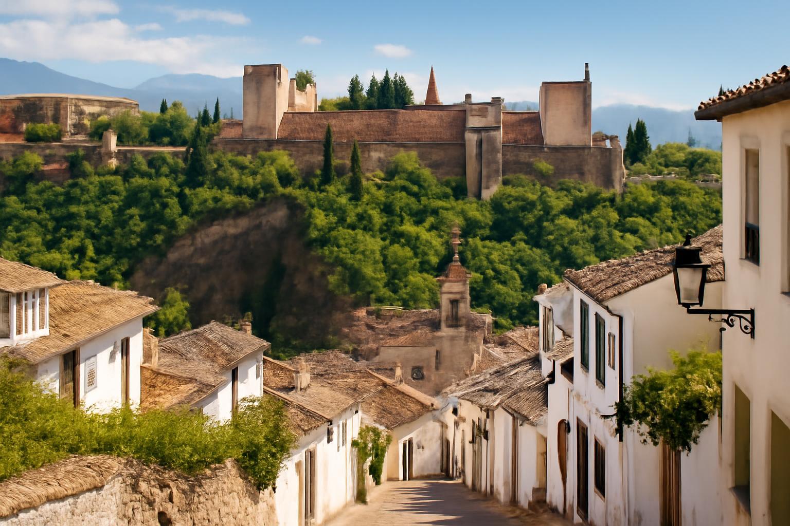 Granada óvárosának szűk utcái, háttérben az Alhambra erődítménye.