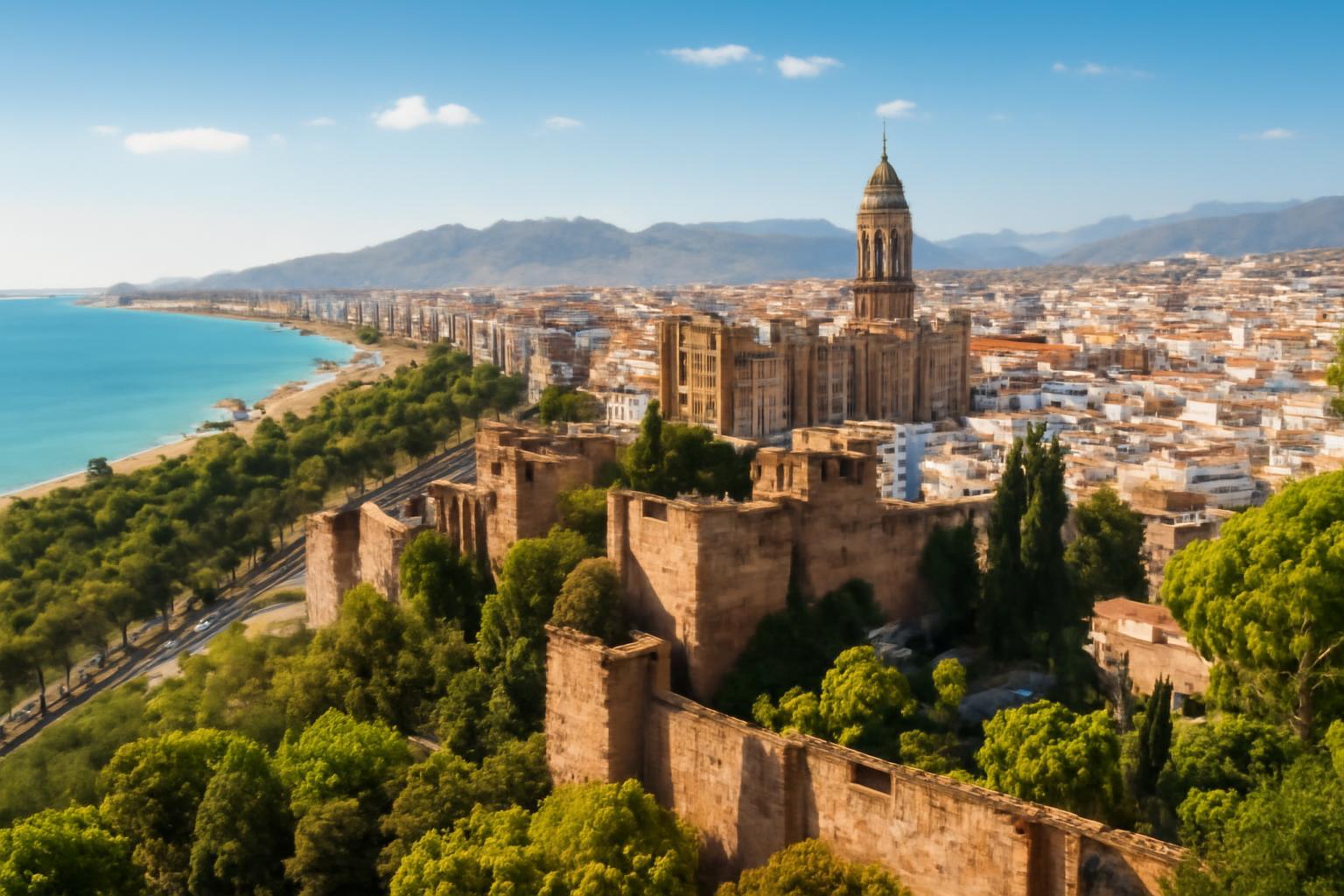 Málaga városának panorámája, a tengerpart és a hegyek láthatók.