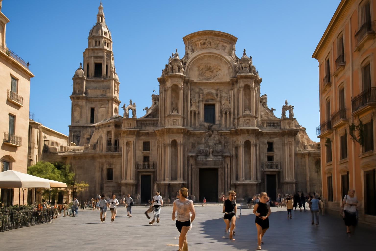 A Murcia város központjában található impozáns épület, körülötte sétáló emberek.
