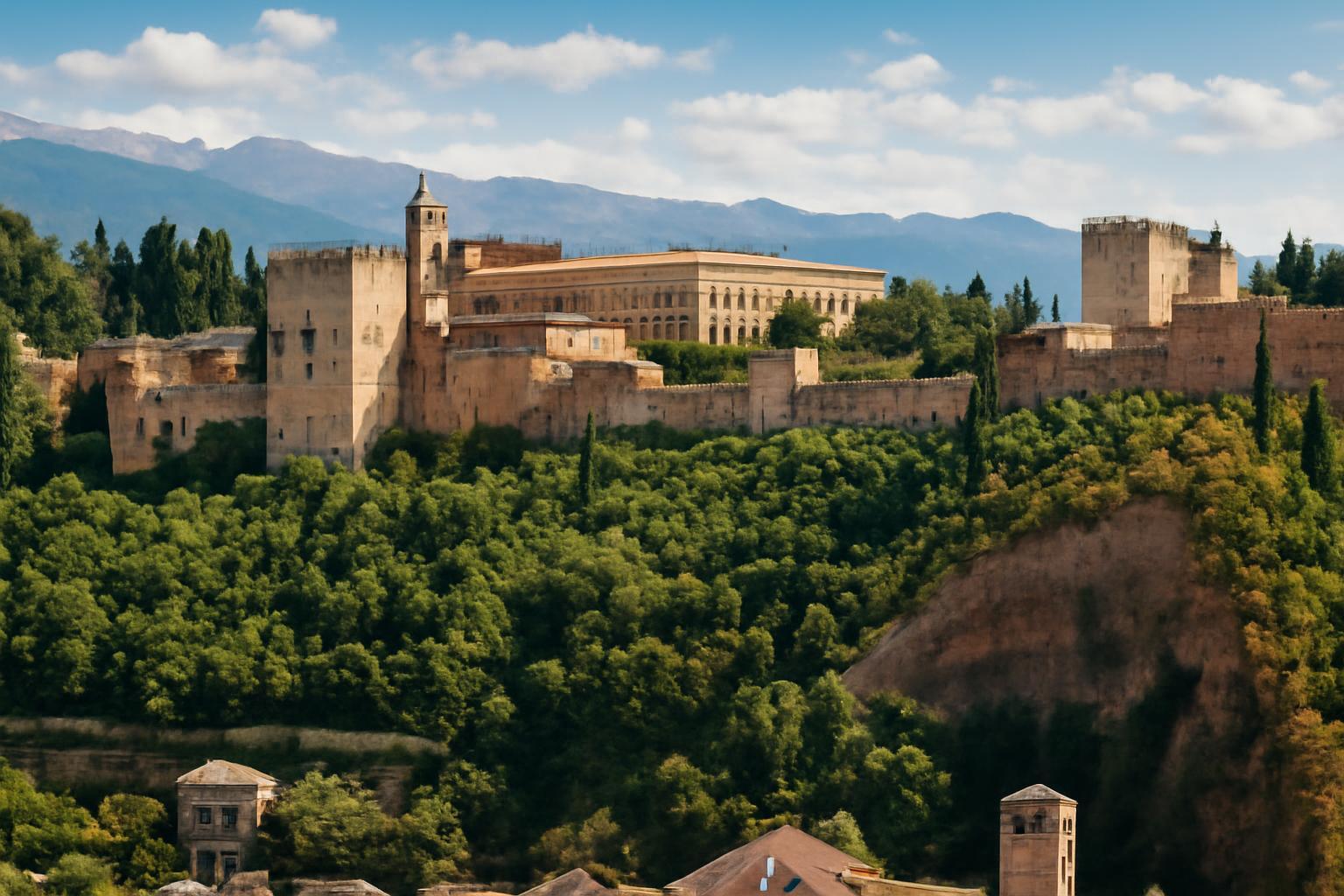 A Granada városában található Alhambra palota, zöld dombokkal körülvéve.