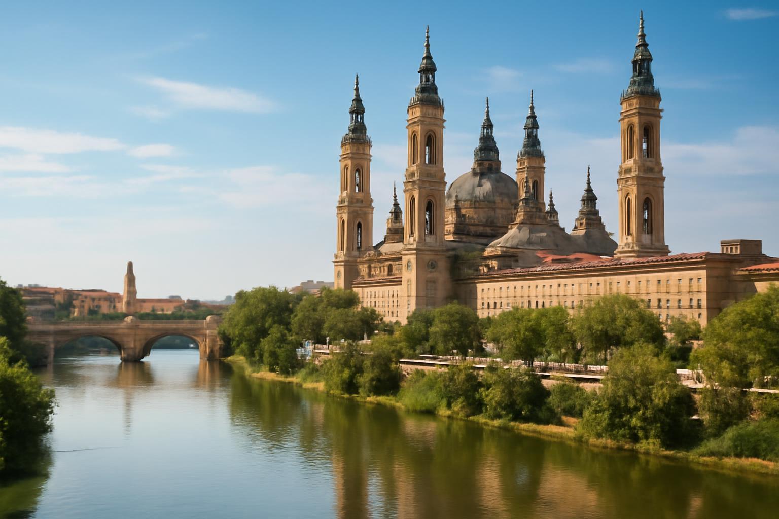 A Zaragoza városában található Bazilika a folyóparton, zöld fákkal körülvéve.