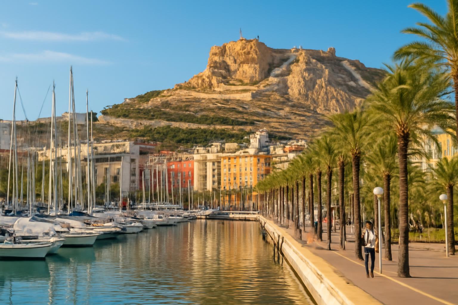 Alicante kikötője, háttérben a Castillo de Santa Bárbara, pálmafák és vitorlások.