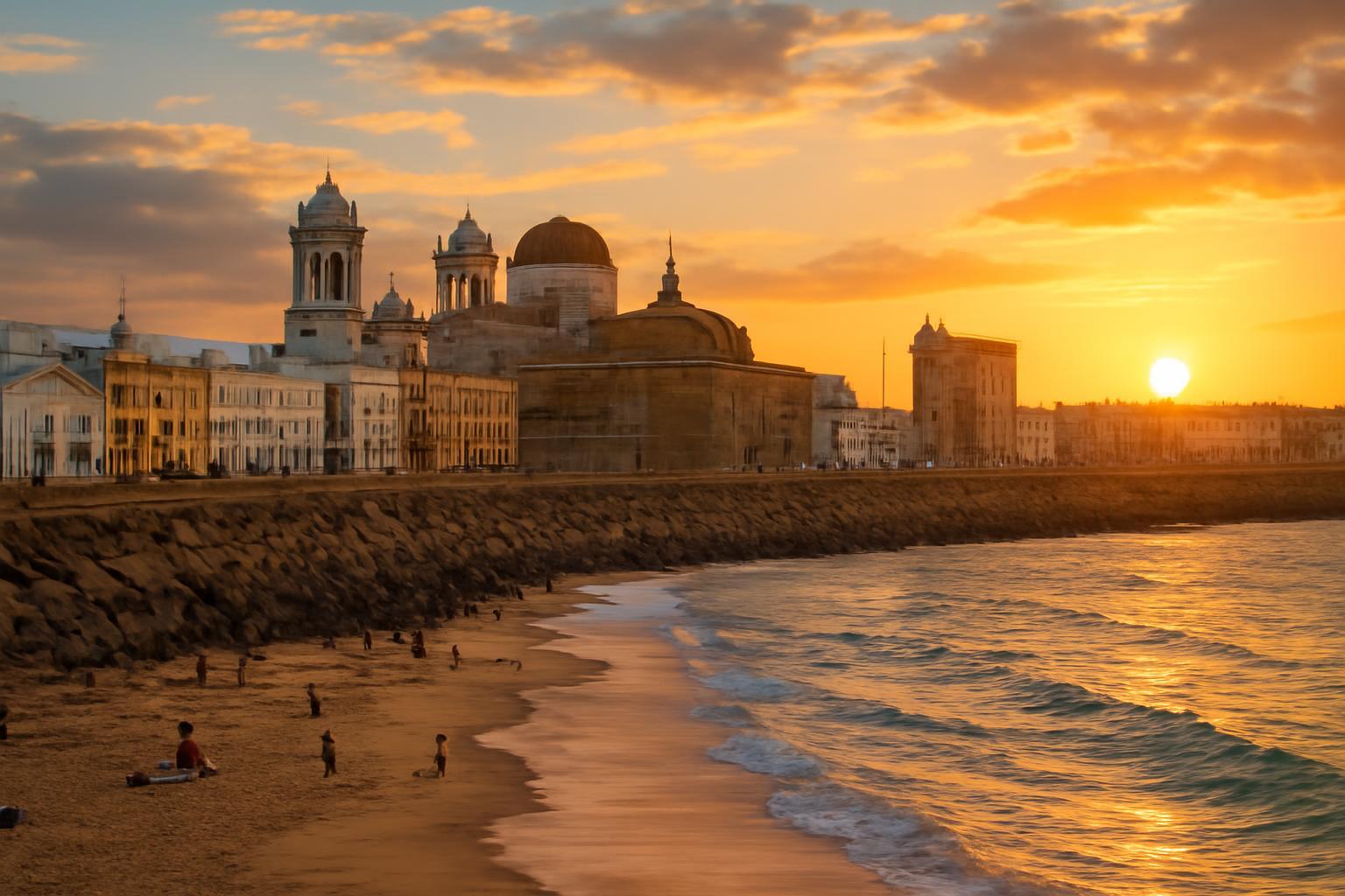 Cádiz tengerpartja naplementében, háttérben történelmi épületekkel.