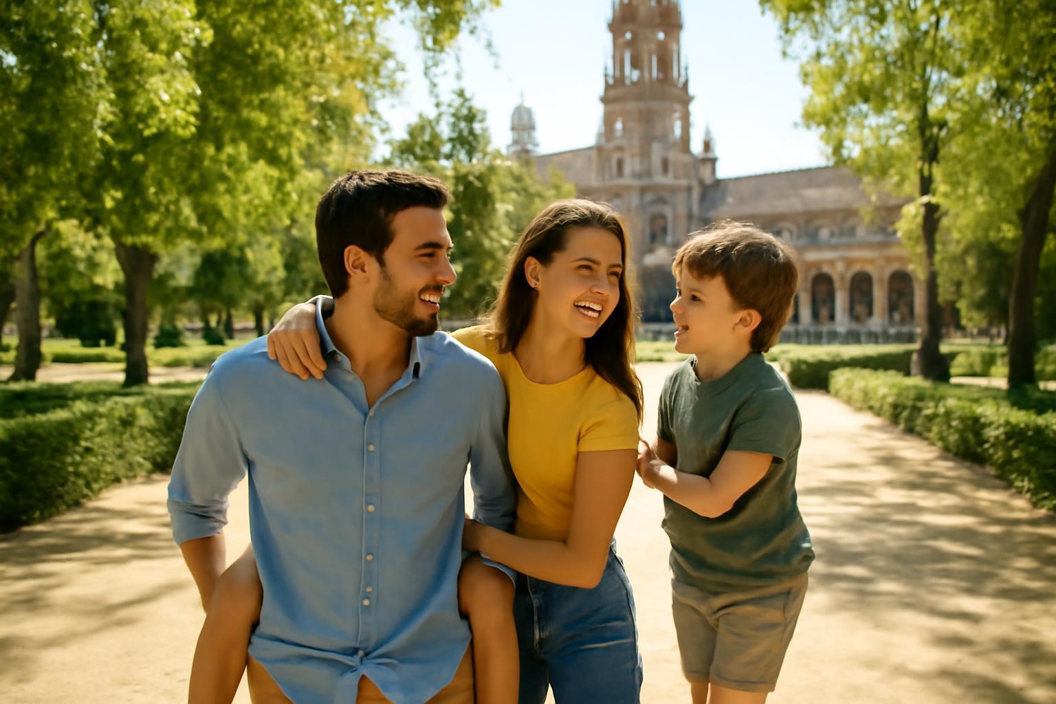 Egy család sétál a zöld parkban Sevillában, boldogan nevetve.