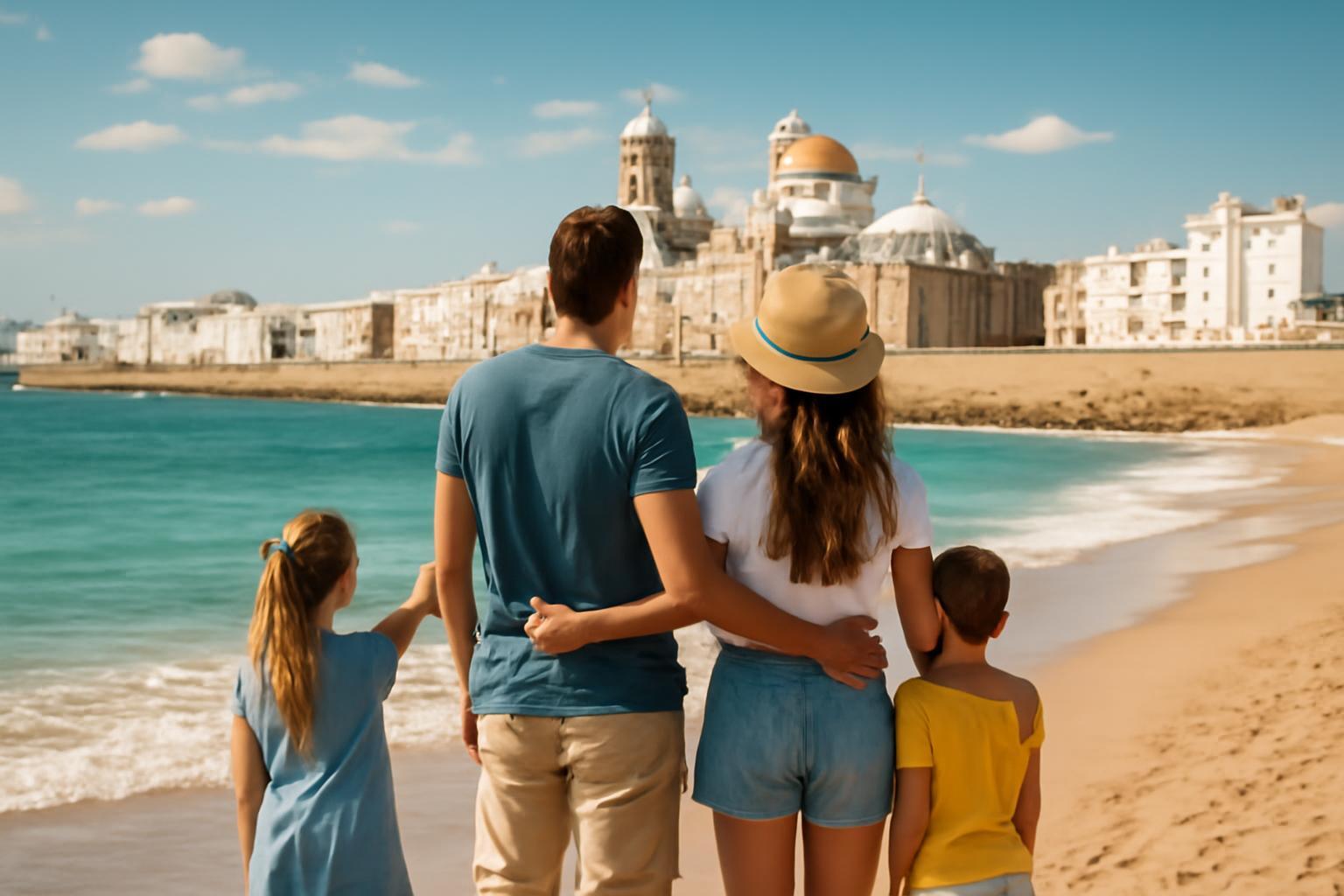 Család sétál a homokos strandon Cádizban, a város látképe a háttérben.