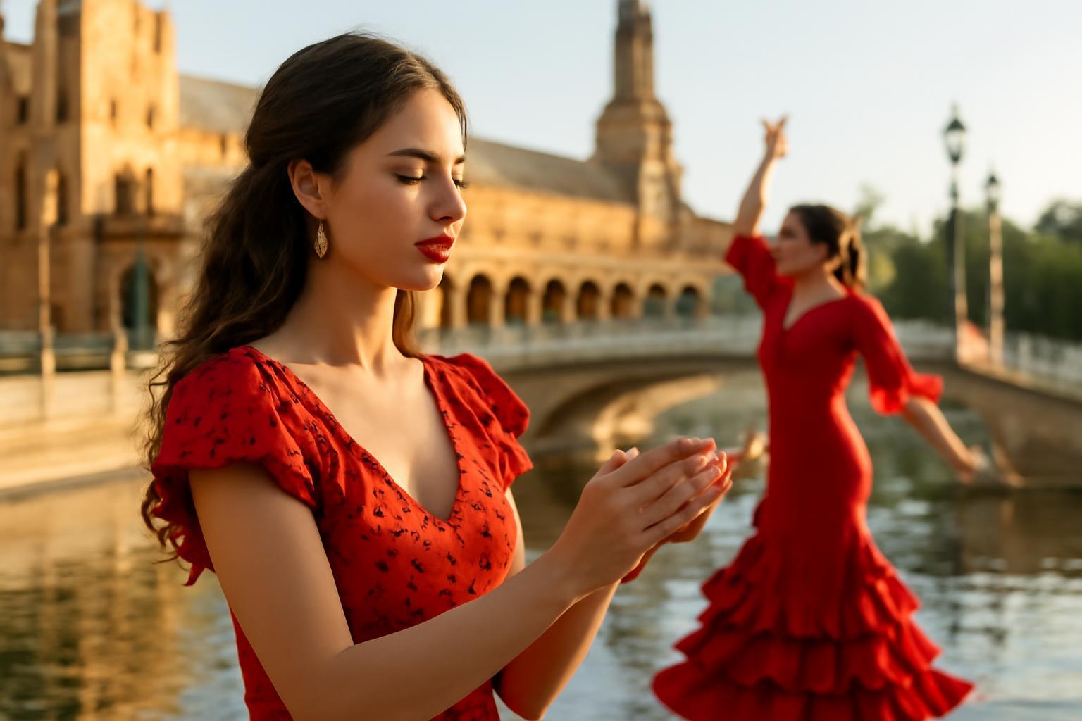 Két flamenco táncosnő piros ruhában, Sevilla gyönyörű háttérrel.