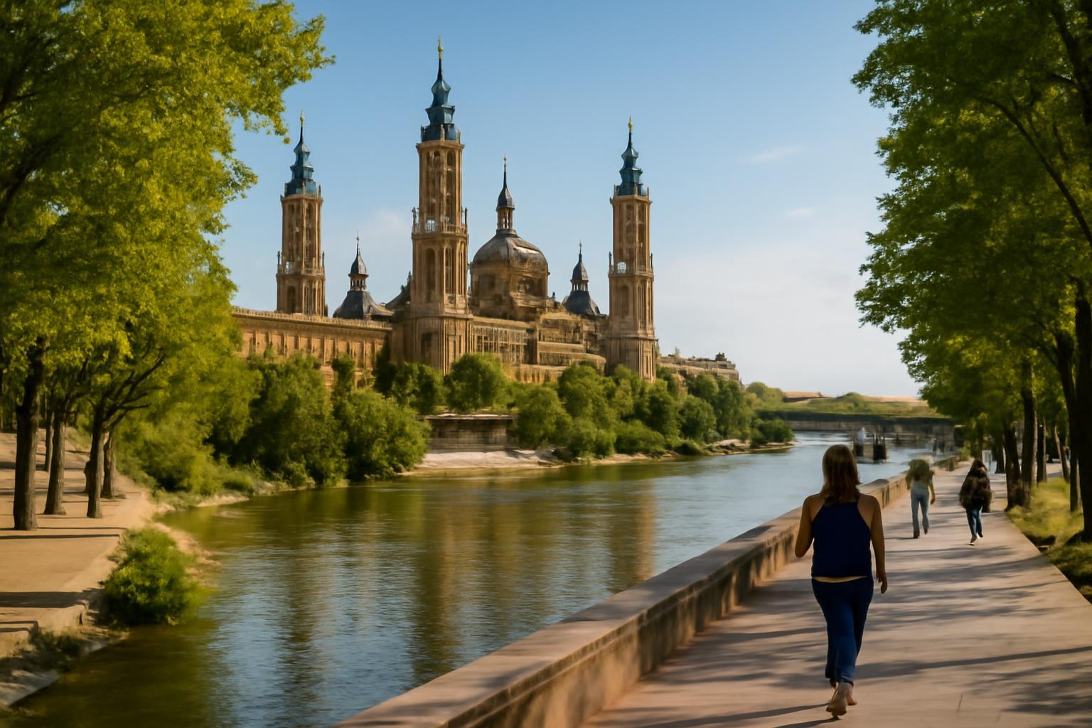 Zaragoza folyópartján sétáló emberek, háttérben a gyönyörű templom.