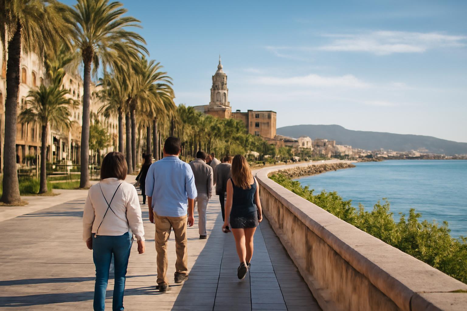 Sétáló emberek a tengerparti sétányon, pálmafák között Málaga városában.