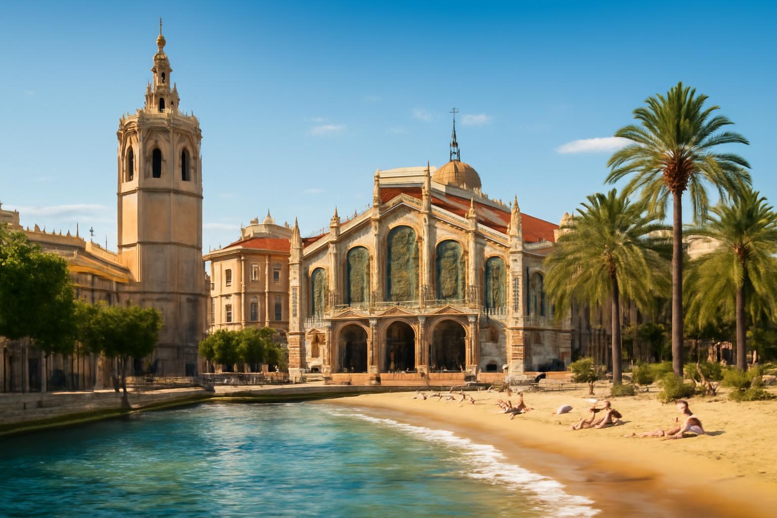 Valencia városának gyönyörű épületei a vízparton, pálmafák között.