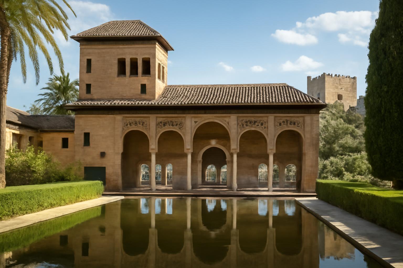 A gyönyörű Alhambra egyik épülete, tükröződve a vízben, zöld növényzet környezetében.
