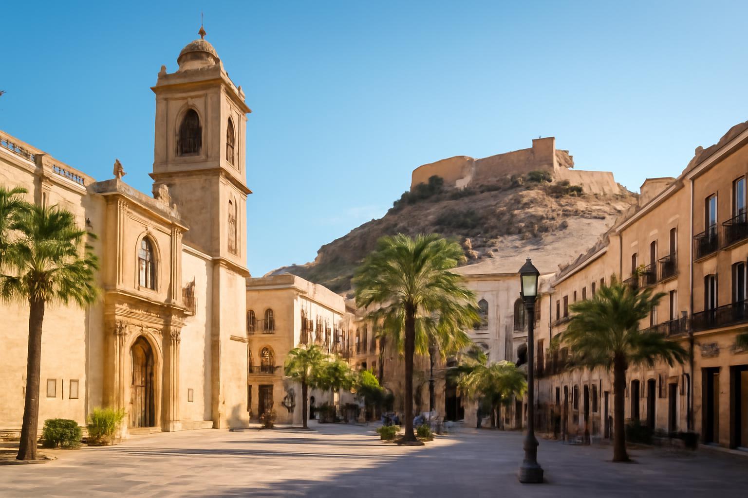 Almería városának főtere, a háttérben az Alcazaba erődjével és pálmafákkal.