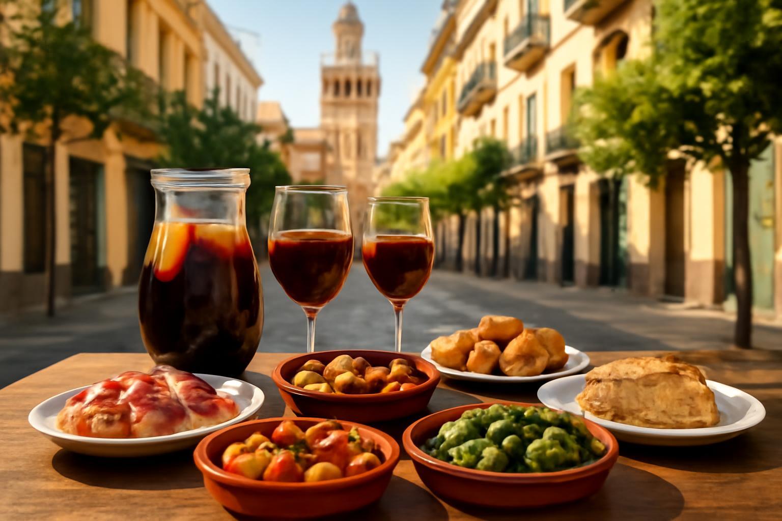 Egy asztalon tapasok, bor és andalúz ételek, Sevilla utcájában.