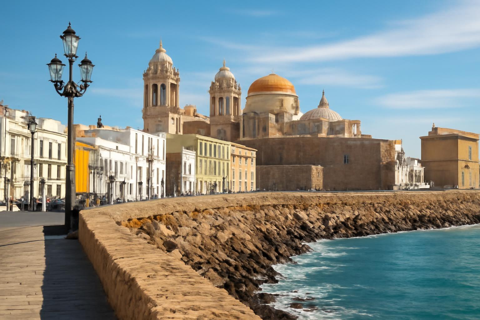 Cádiz tengerparti sétánya, háttérben a híres katedrálissal és színes épületekkel.
