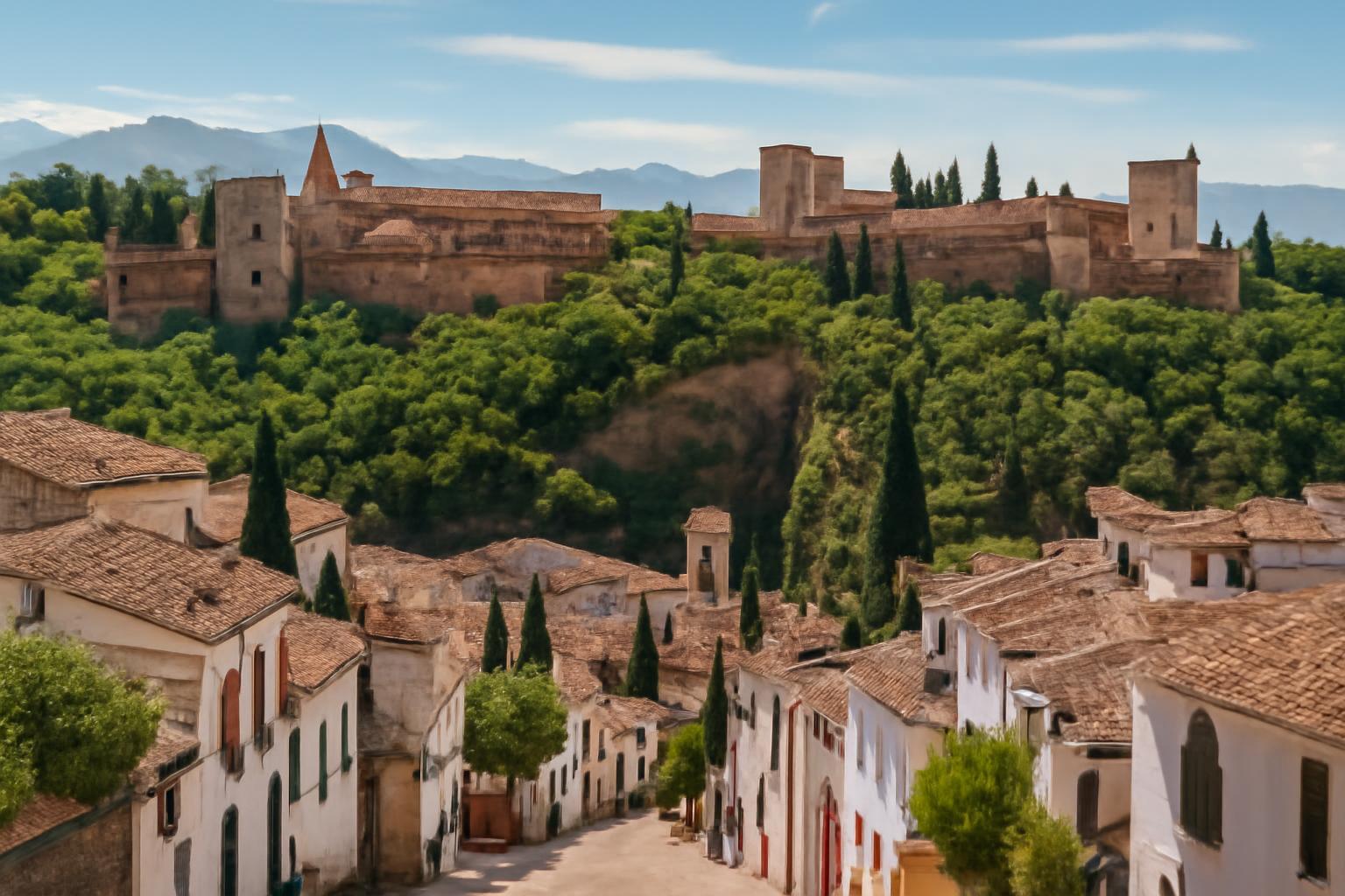 Granada városának panorámája, az Alhambra a zöld dombon.
