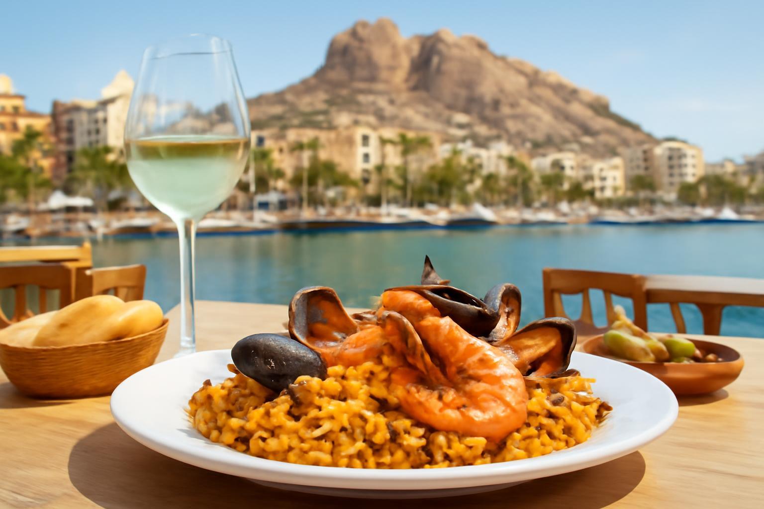Tengeri ételekkel teli paella, háttérben Alicante kikötője és hegyek.