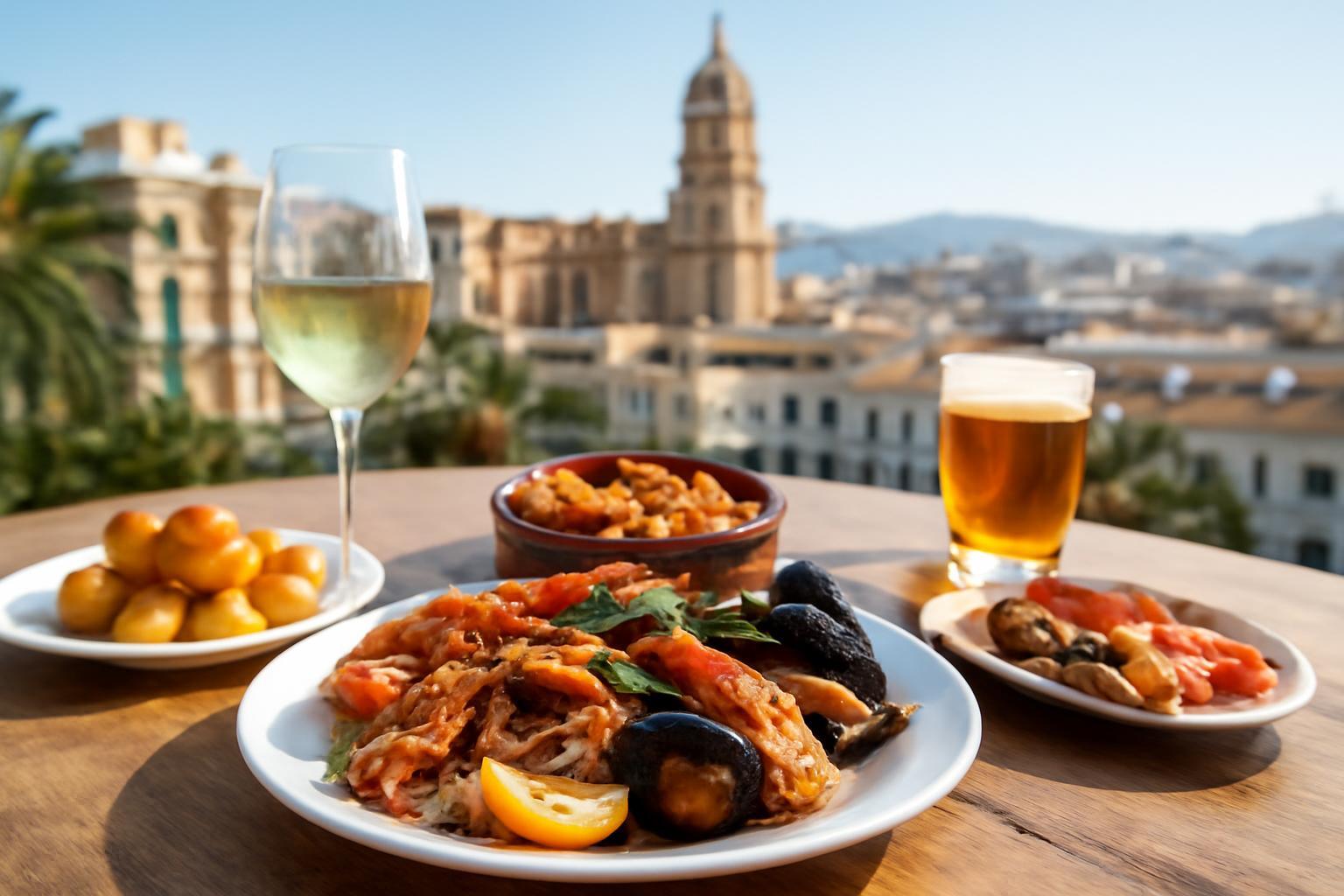 Friss tenger gyümölcsei és tapas egy étterem teraszán, Málaga városában.
