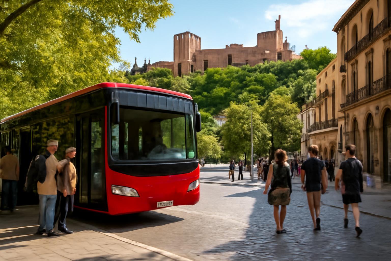 Egy piros városi busz áll meg Granada egyik forgalmas utcáján, háttérben az Alhambra.