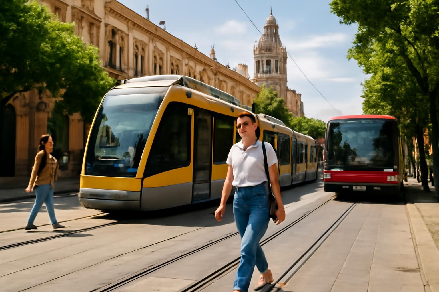 Két ember sétál a villamos síneken Sevillában, modern járművek mellett.