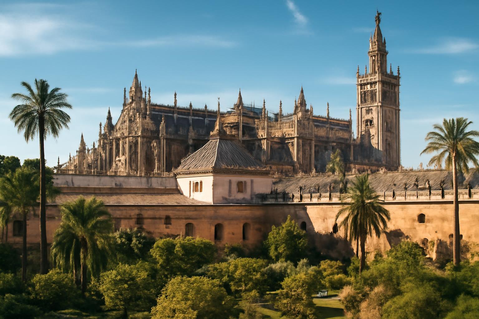 Sevilla katedrálisa és a Giralda torony, zöld pálmafák között.