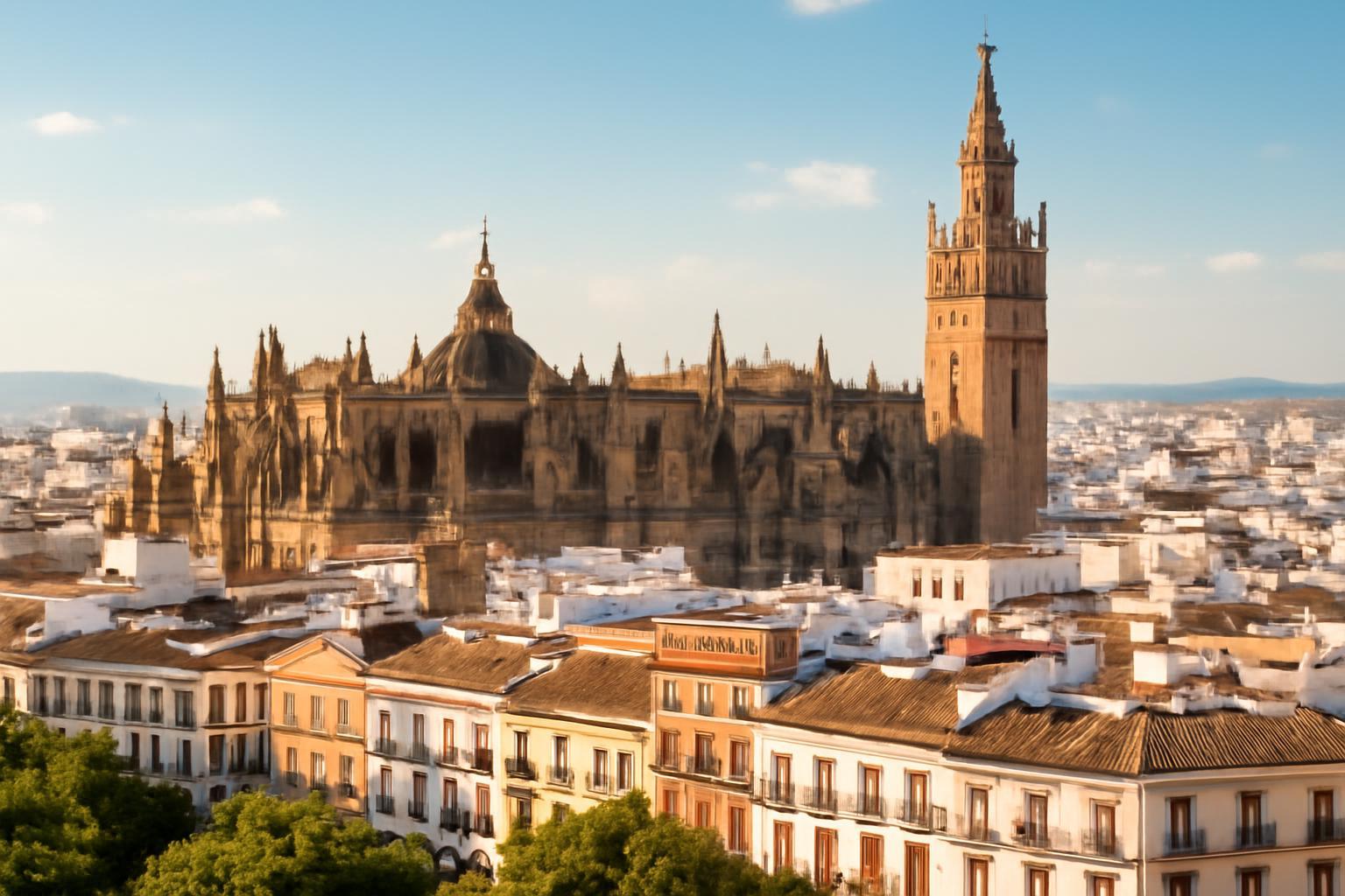Sevilla katedrálisa és a Giralda torony a város felett, gyönyörű háttérrel.