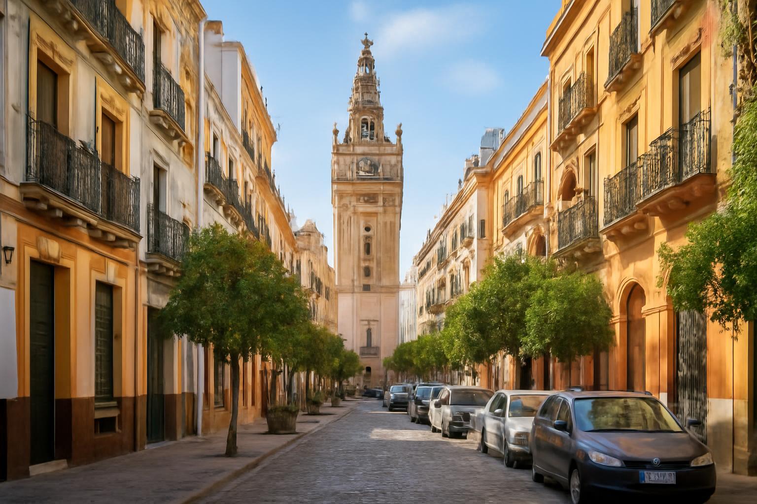 Sevilla egyik gyönyörű utcája, a háttérben a híres torony látható.