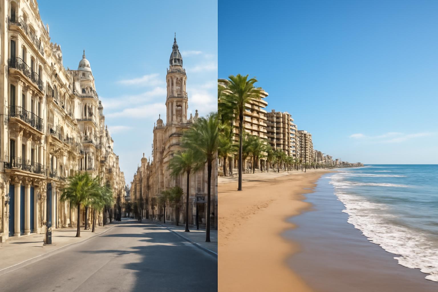 Valencia belvárosának történelmi épületei és a tengerpart homokos strandja.