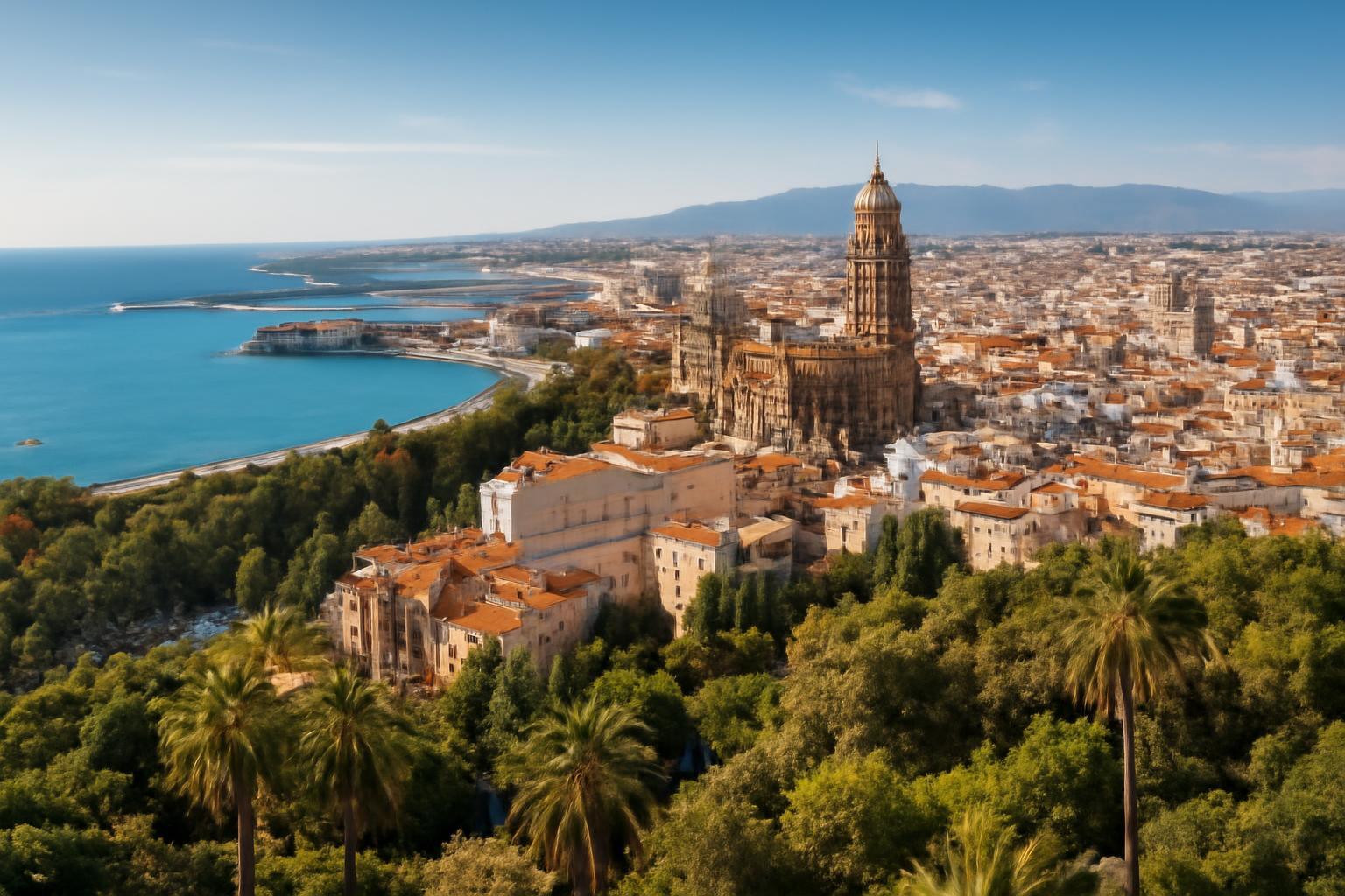 Málaga város panorámája, a tengerpart és a város nevezetességei láthatók.