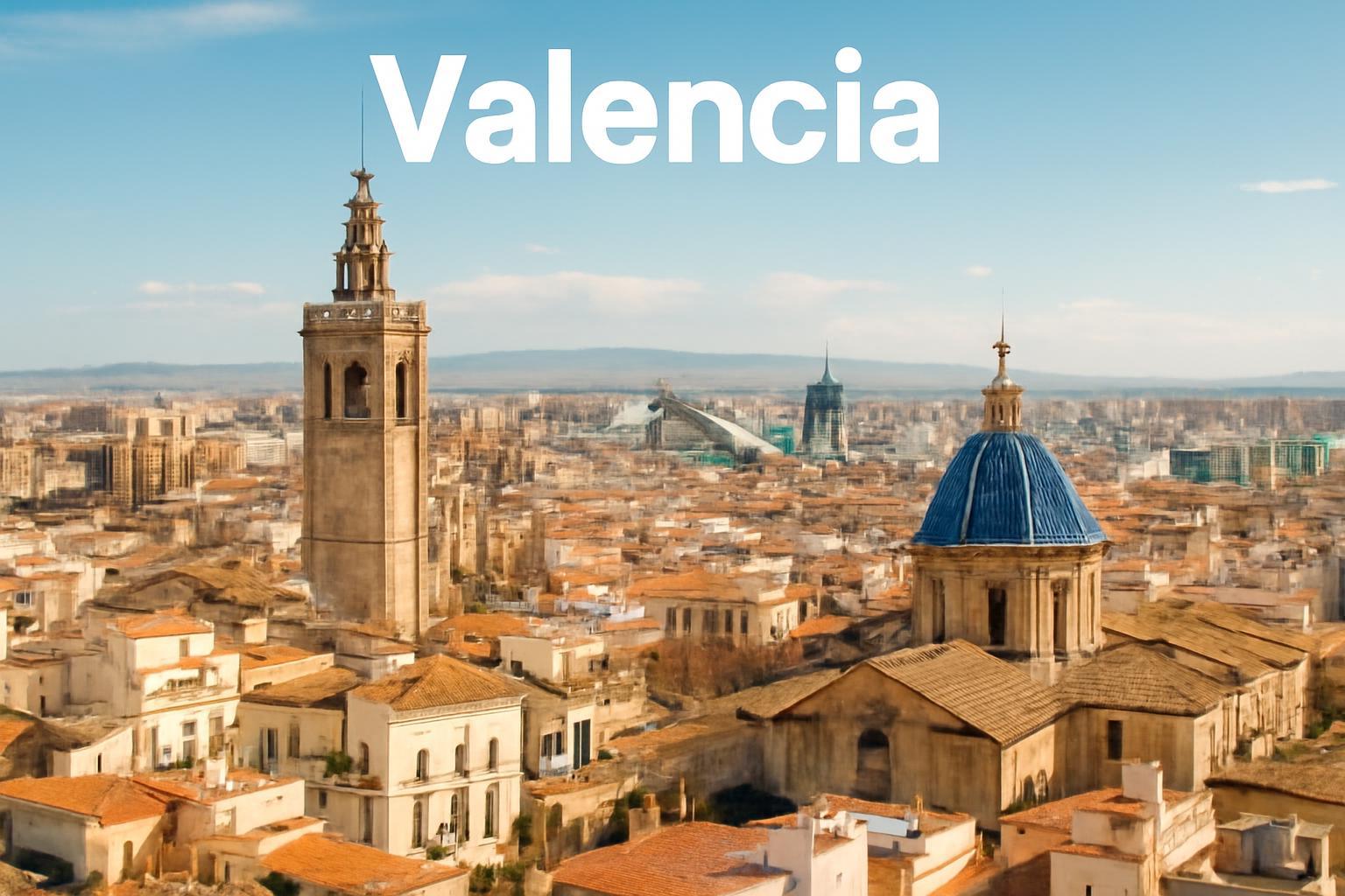 Valencia városának panorámaképe, láthatóak a történelmi épületek és a modern városrész.
