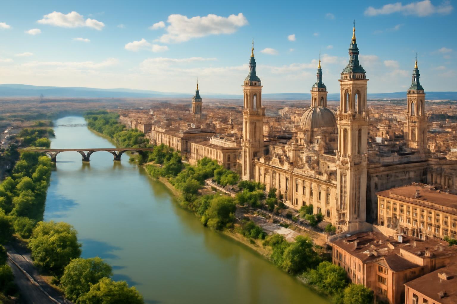 Zaragoza városának panorámája a folyóval és a híddal, napos időben.