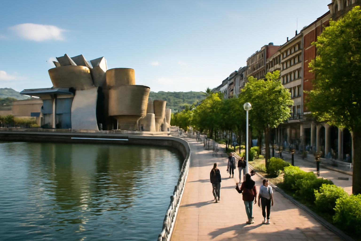 A Guggenheim Múzeum és a környező sétány Bilbao városában, zöld fákkal és sétáló emberekkel.