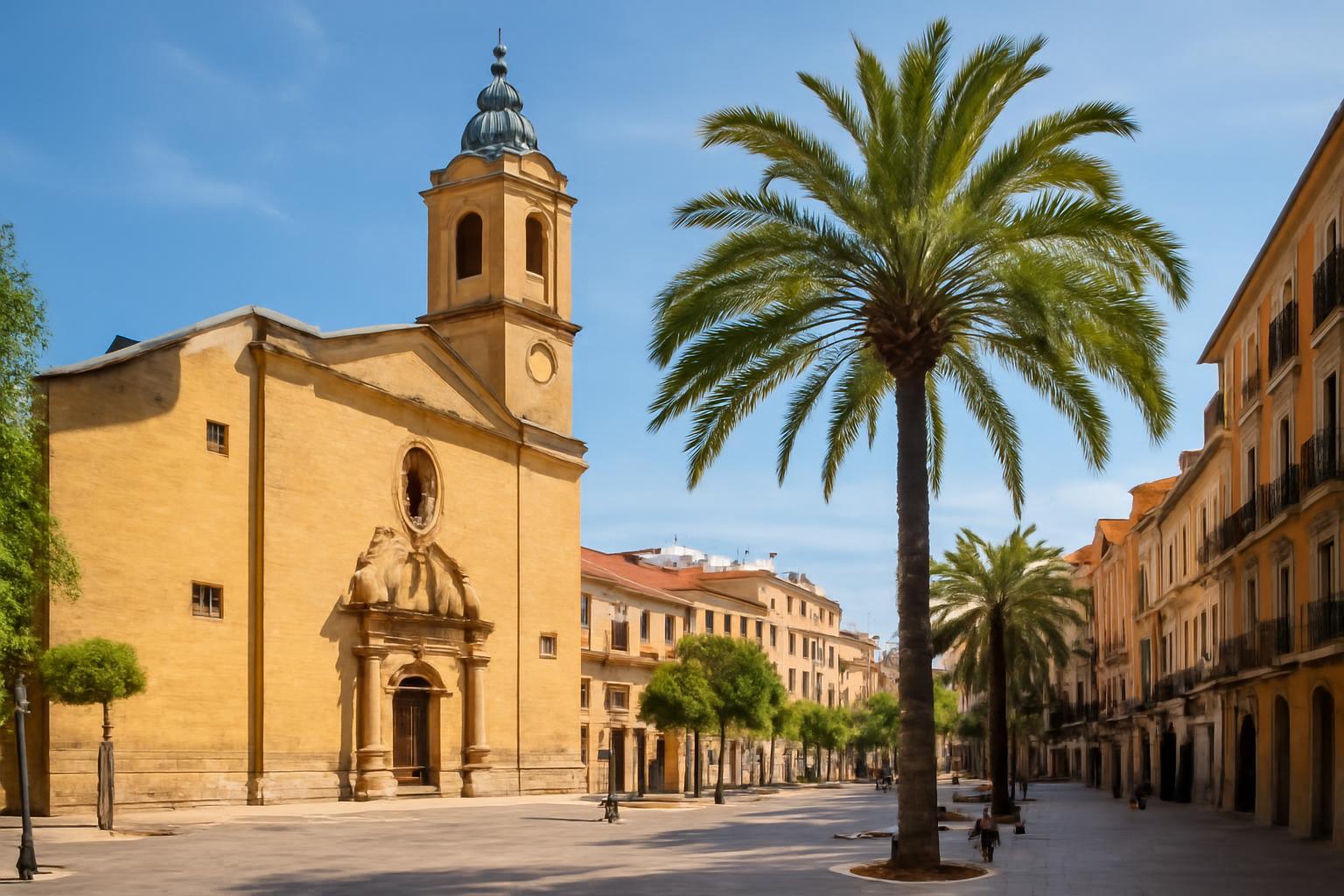 A napfényben fürdő, sétálóutcás Castellón de la Plana, pálmafákkal és történelmi épületekkel.