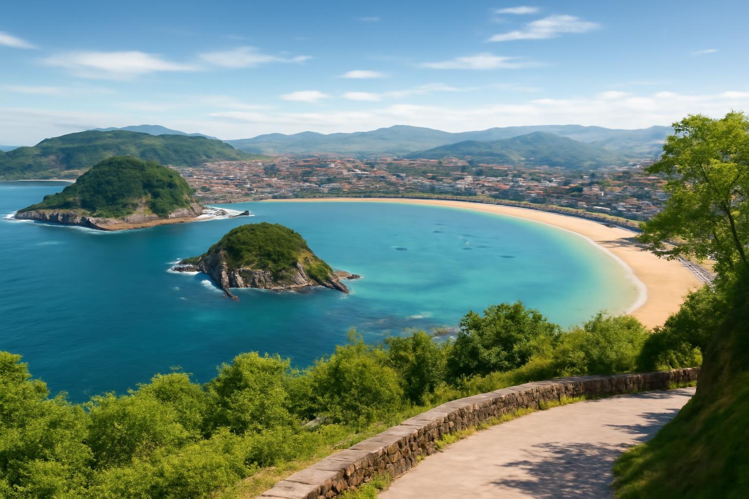 Panoráma San Sebastián tengerpartjáról, zöld dombokkal és öböllel.