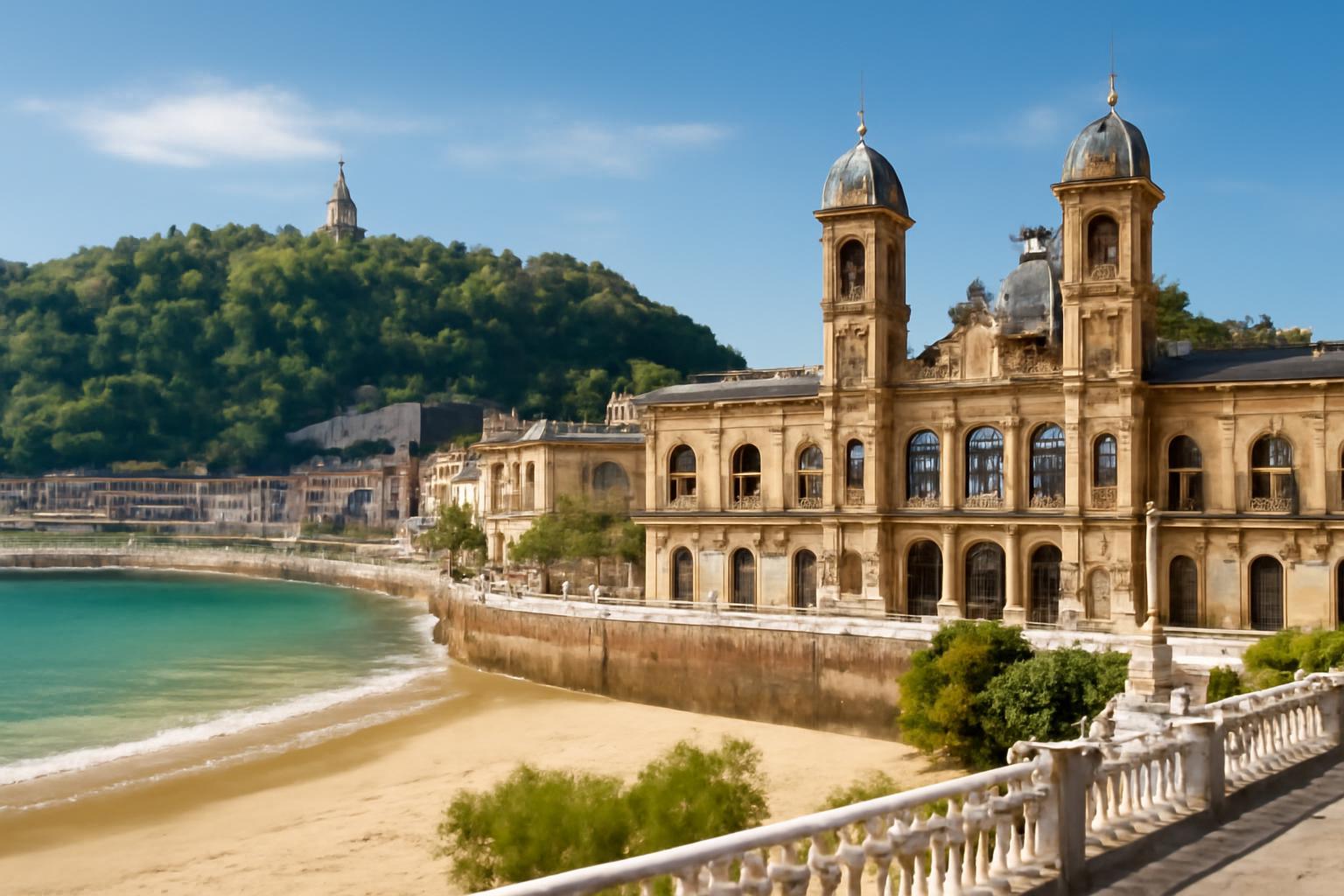 San Sebastián tengerparti látképe, a város ikonikus épületeivel és zöld dombokkal a háttérben.