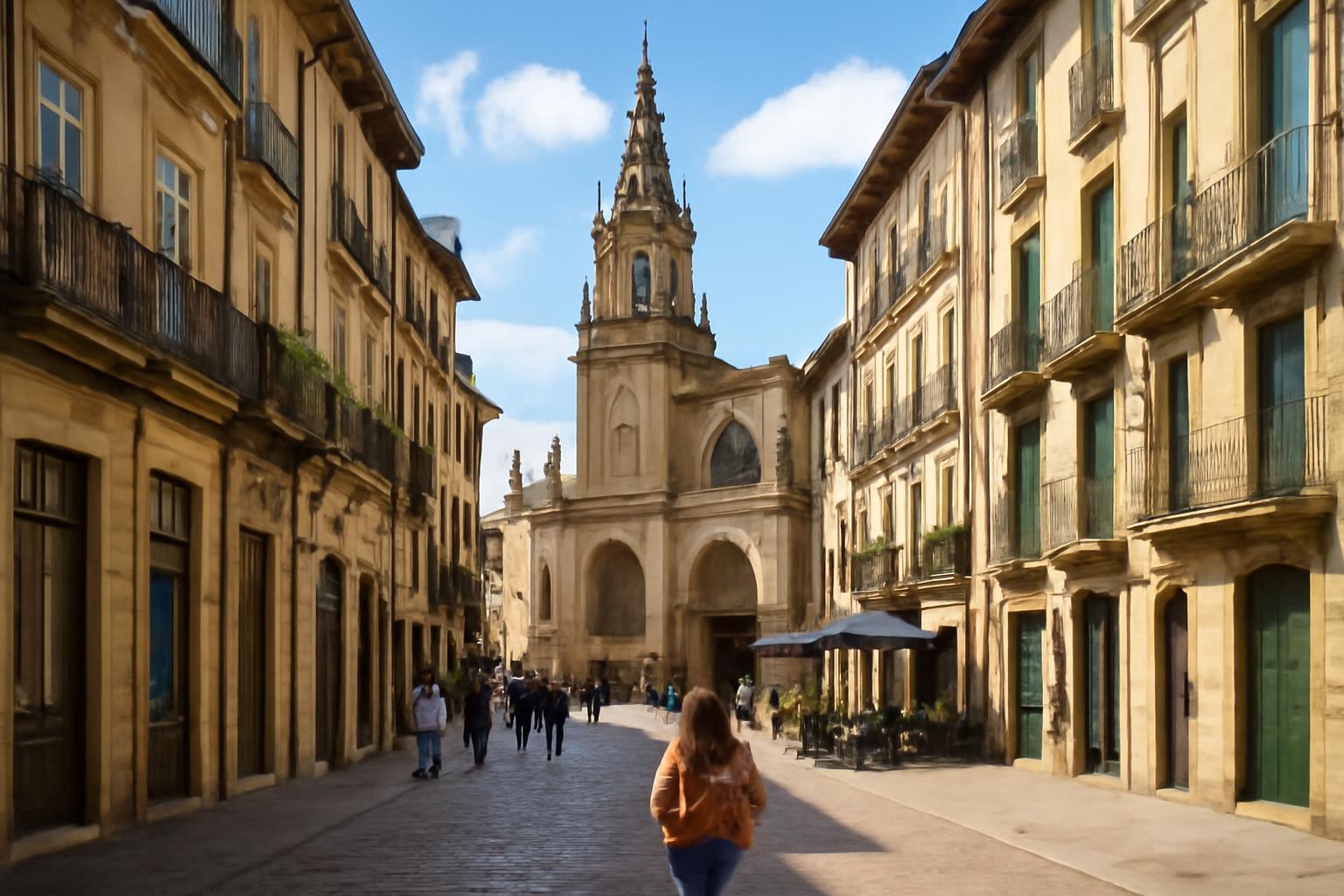 Vitoria-Gasteiz óvárosának hangulatos utcája, a templom tornyával a háttérben.
