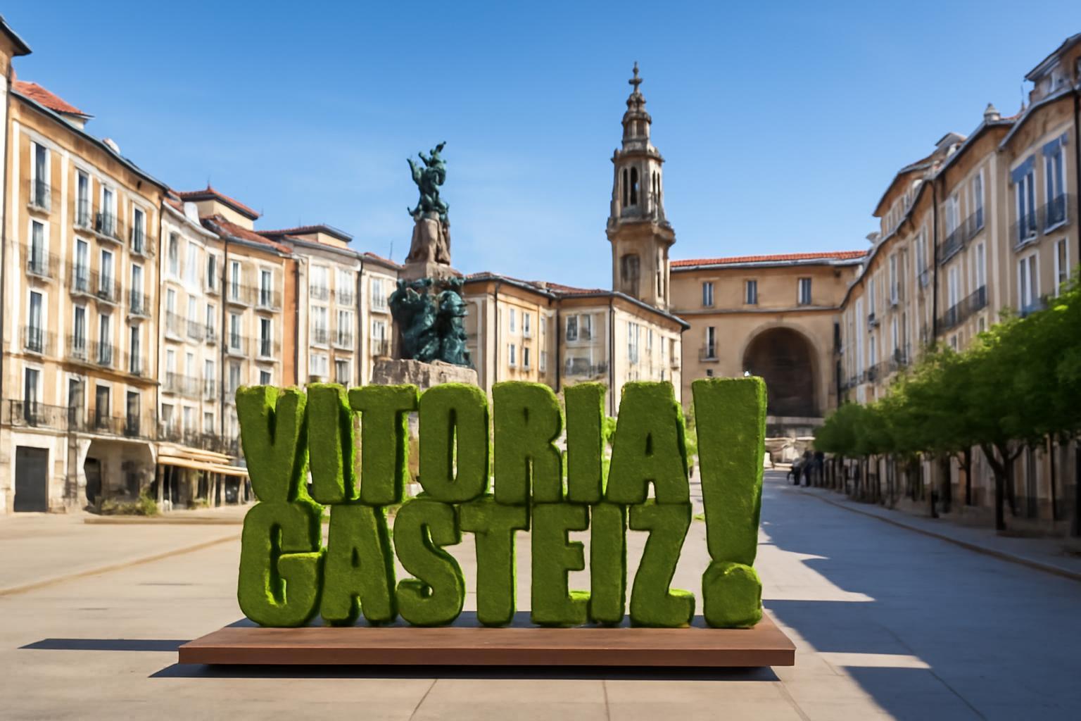 Vitoria-Gasteiz városnéző tábla a főtéren, háttérben történelmi épületek.