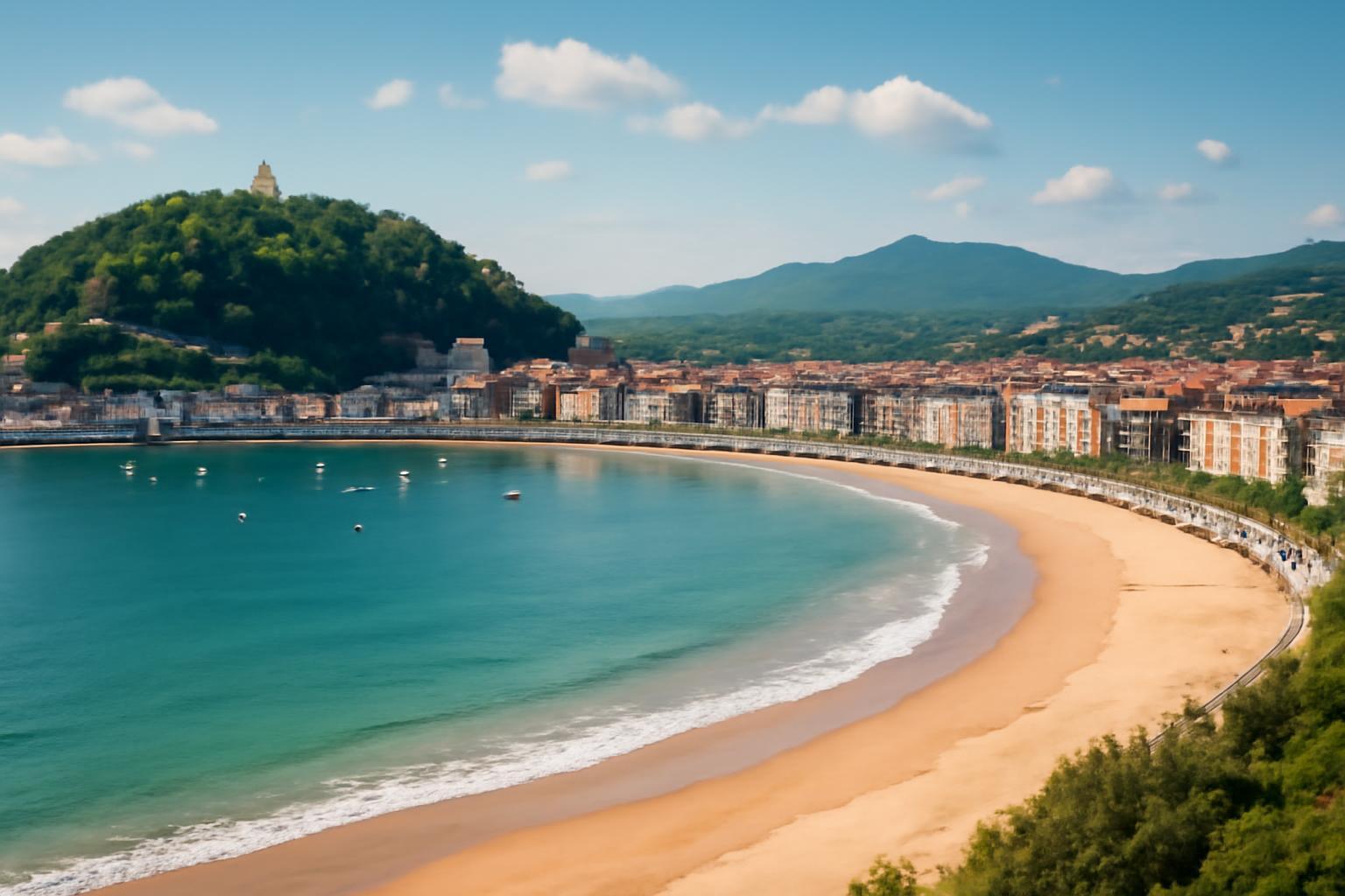 San Sebastián tengerpartja, a város panorámájával és zöld dombokkal a háttérben.