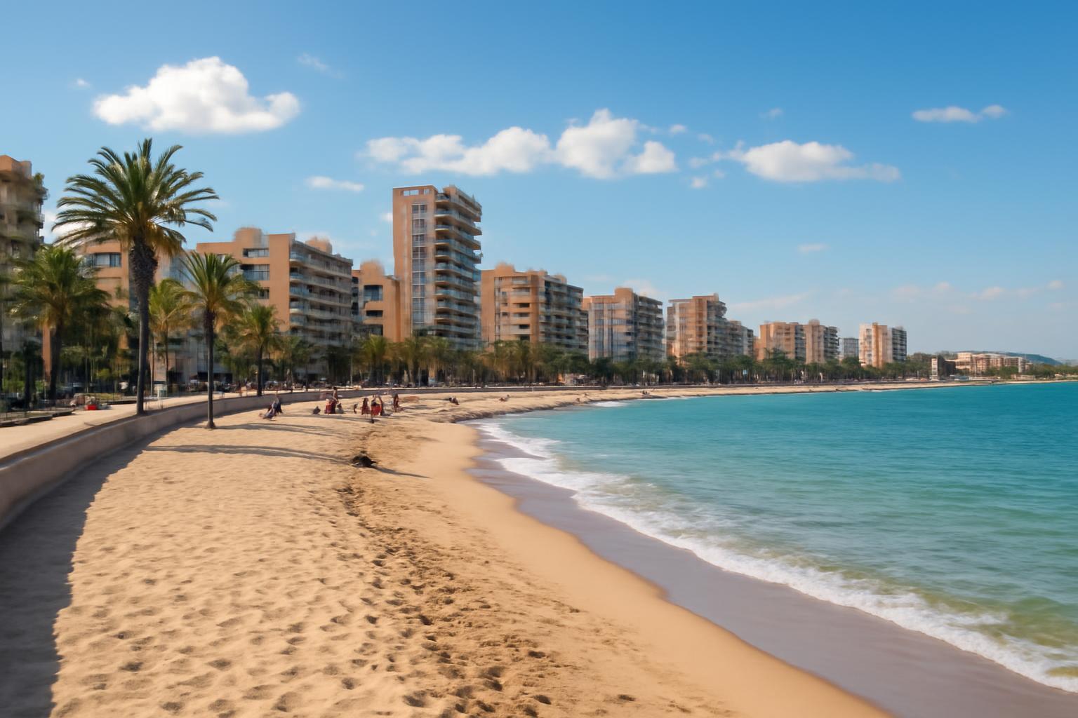 Homokos tengerpart Castellón de la Plana városában, pálmafákkal és modern épületekkel.