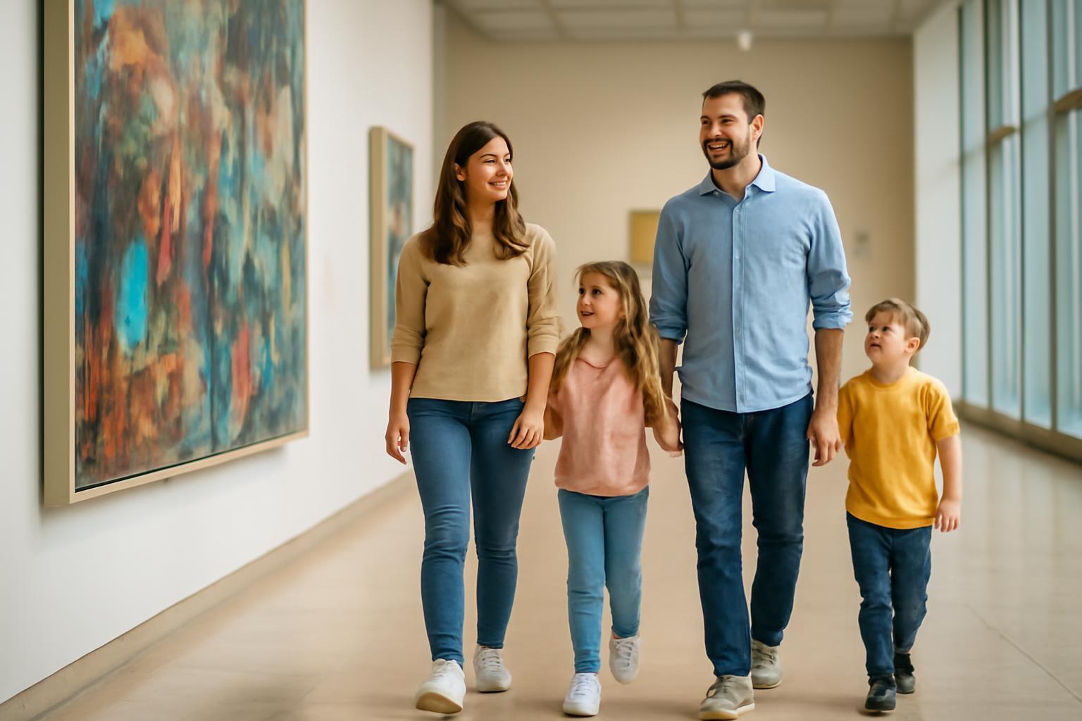 Egy család sétál egy modern művészeti múzeumban Bilbaóban, festmények mellett.