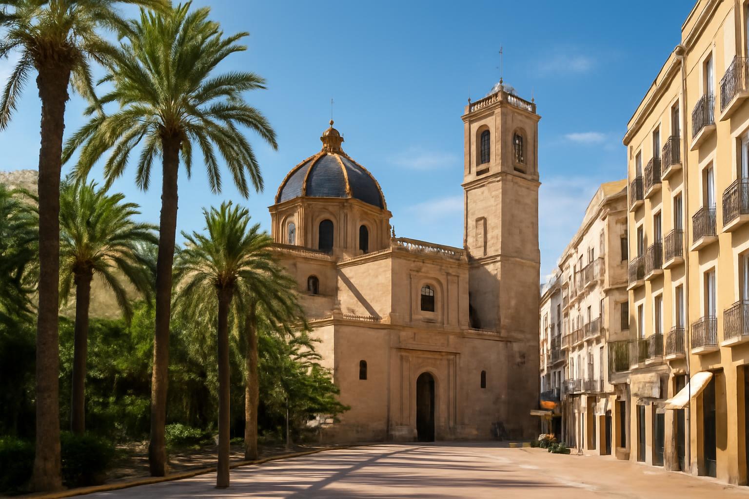 Elche városának pálmafákkal övezett területe és templomépülete.