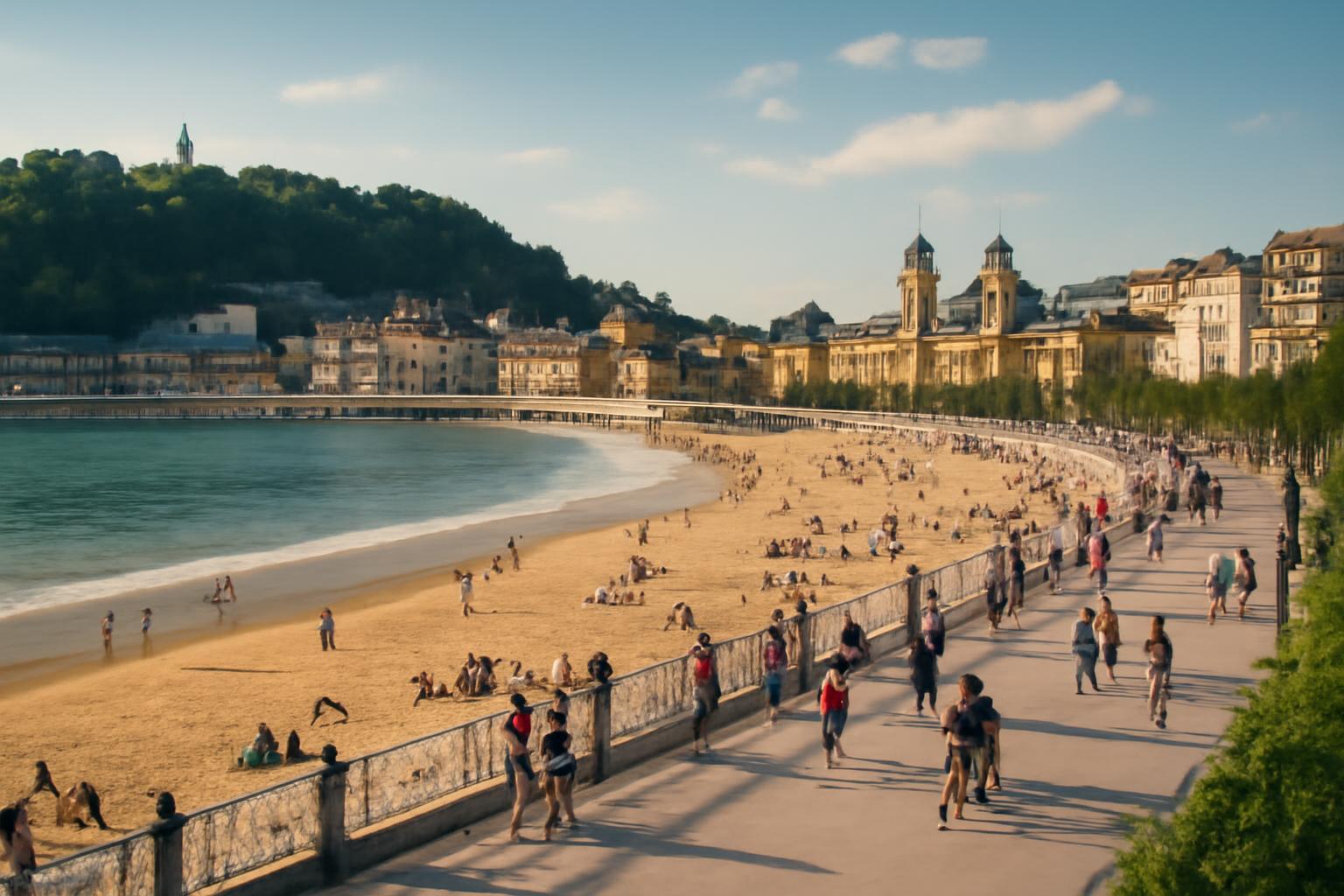 San Sebastián strandja, napfényes időben, emberek sétálnak a parton.