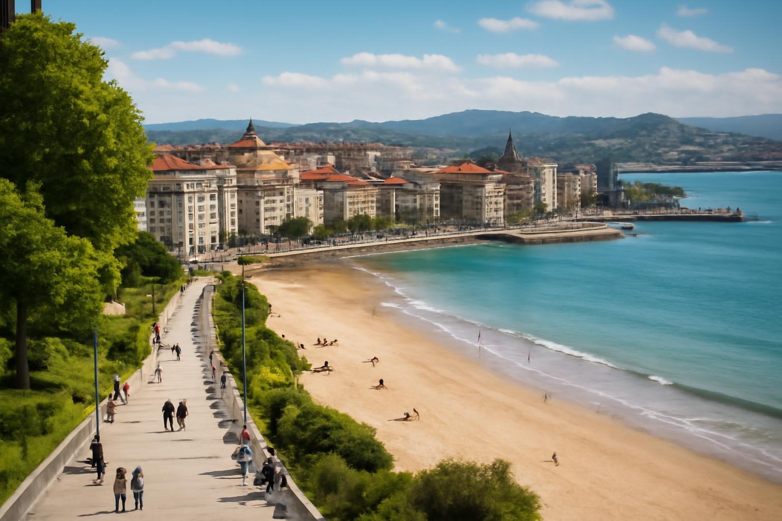 Santander tengerparti sétány, emberek sétálnak a víz mellett, gyönyörű panorámával.