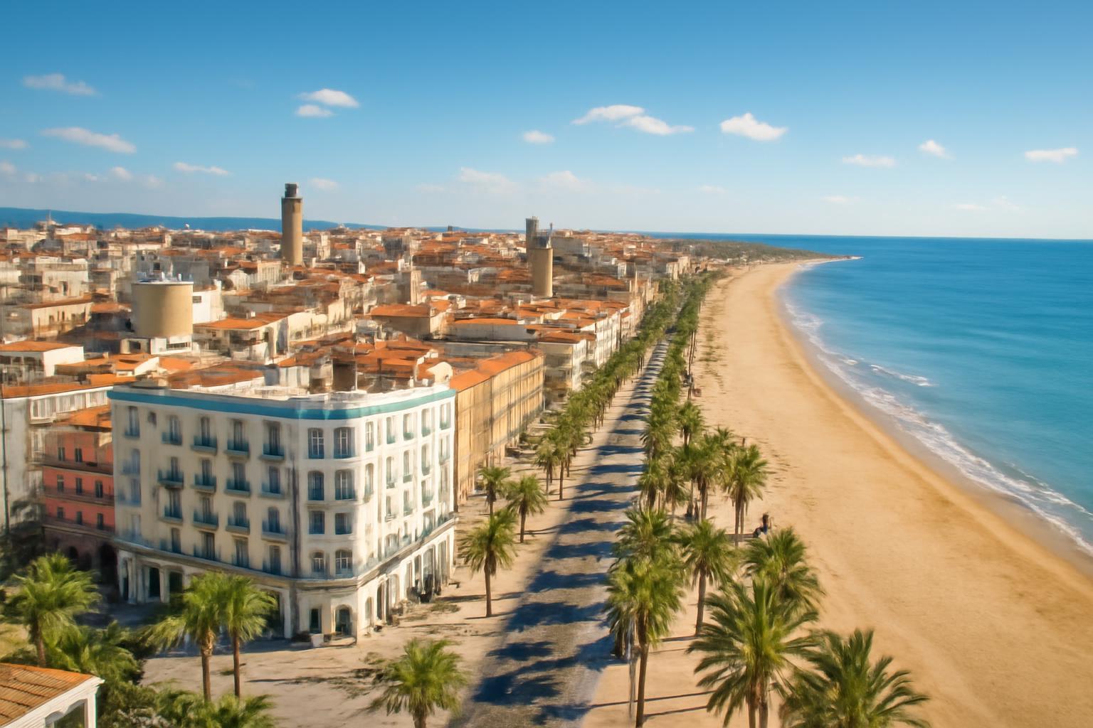 Kilátás Castellón de la Plana városáról, tengerparti sétány és épületek.