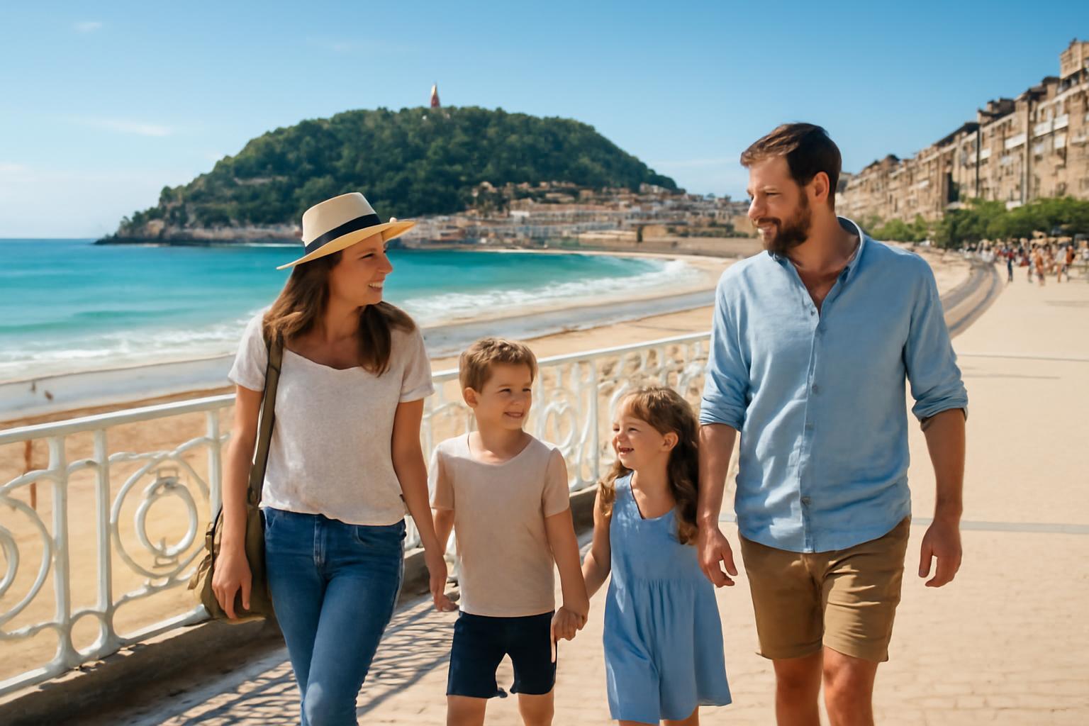 Család sétál a San Sebastián tengerparti sétányán, gyönyörű háttérrel.