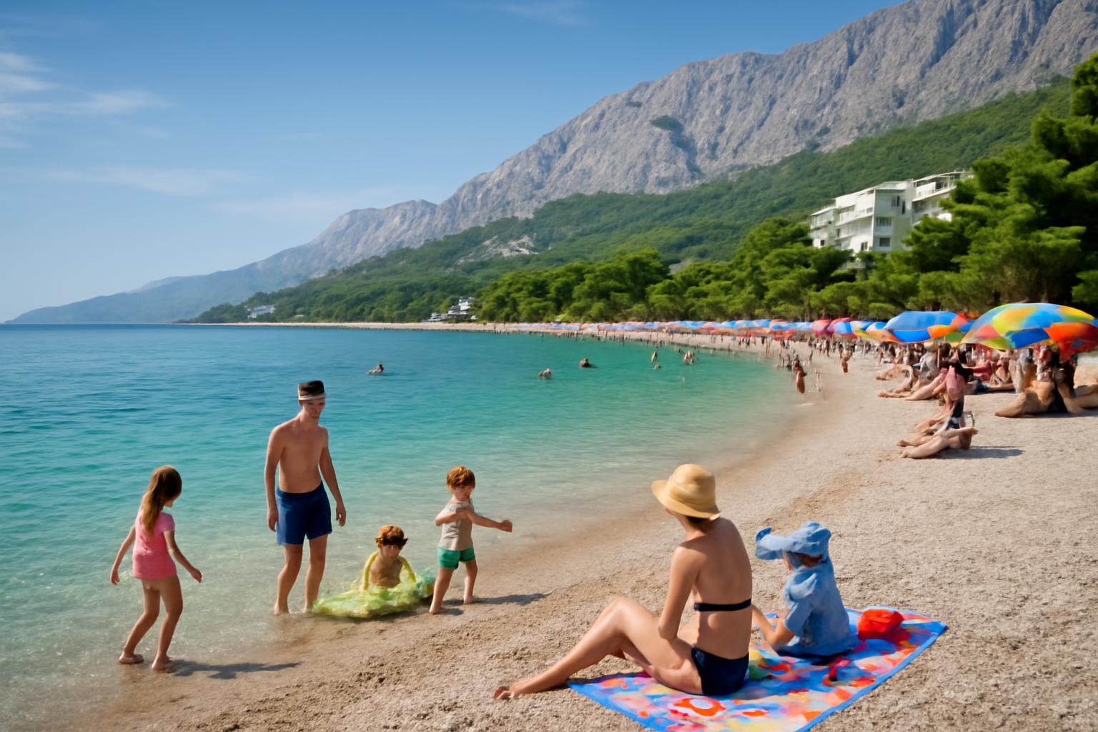 Családok élvezik a napfényt és a vizet Makarska kavicsos strandján.